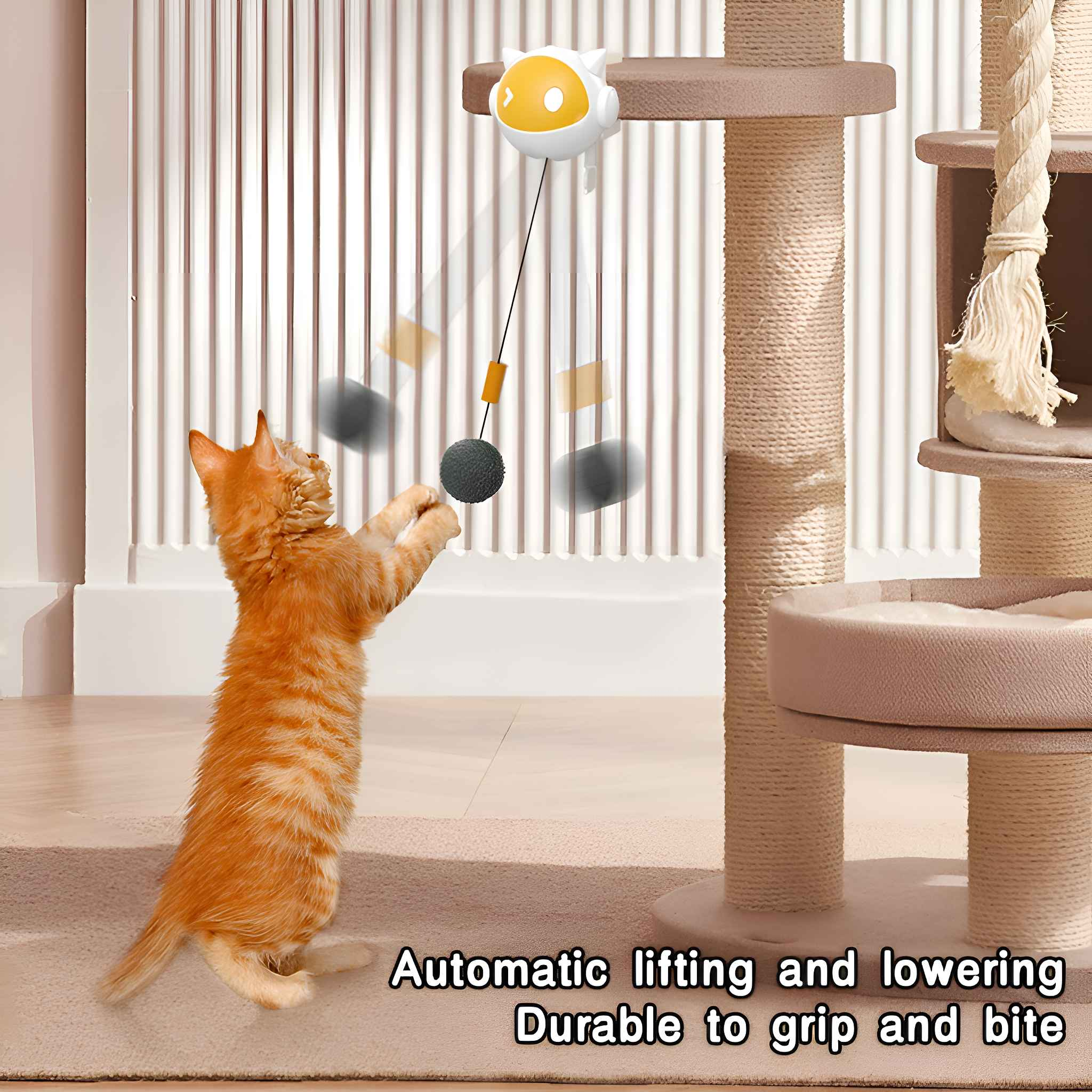Orange Katze spielt mit einem Spielzeug, das an einem Kratzbaum hängt. Das Spielzeug hat einen gelben Kopf und einen dunklen Ball.