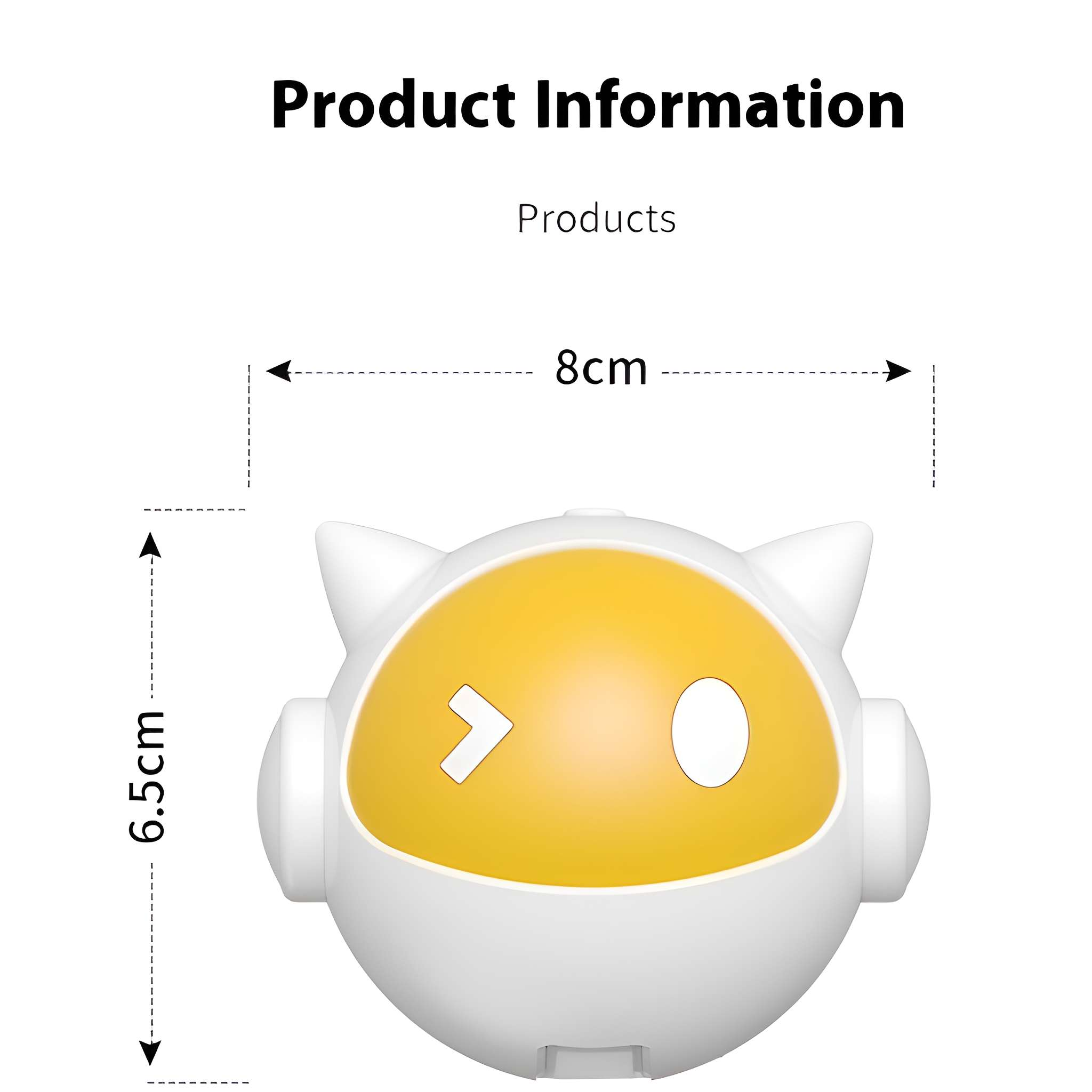 Weißes Produkt mit gelbem Gesicht, 8 cm breit, 6,5 cm hoch. Hat Pfeil und Kreis. Produktinformationstext oben.