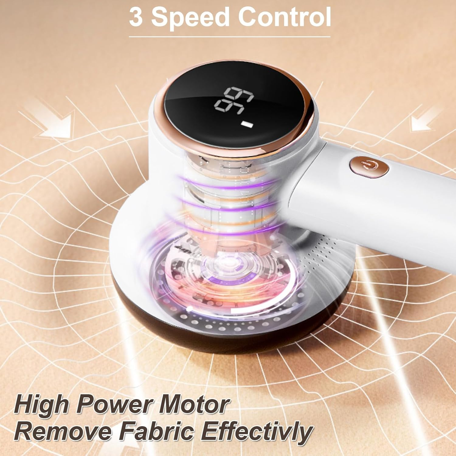 Ein weißer Stoffrasierer mit einem schwarzen Bildschirm, der eine Zahl anzeigt. Der Hintergrund ist beige mit dem Text: 3 Speed Control, High Power Motor, Remove Fabric.