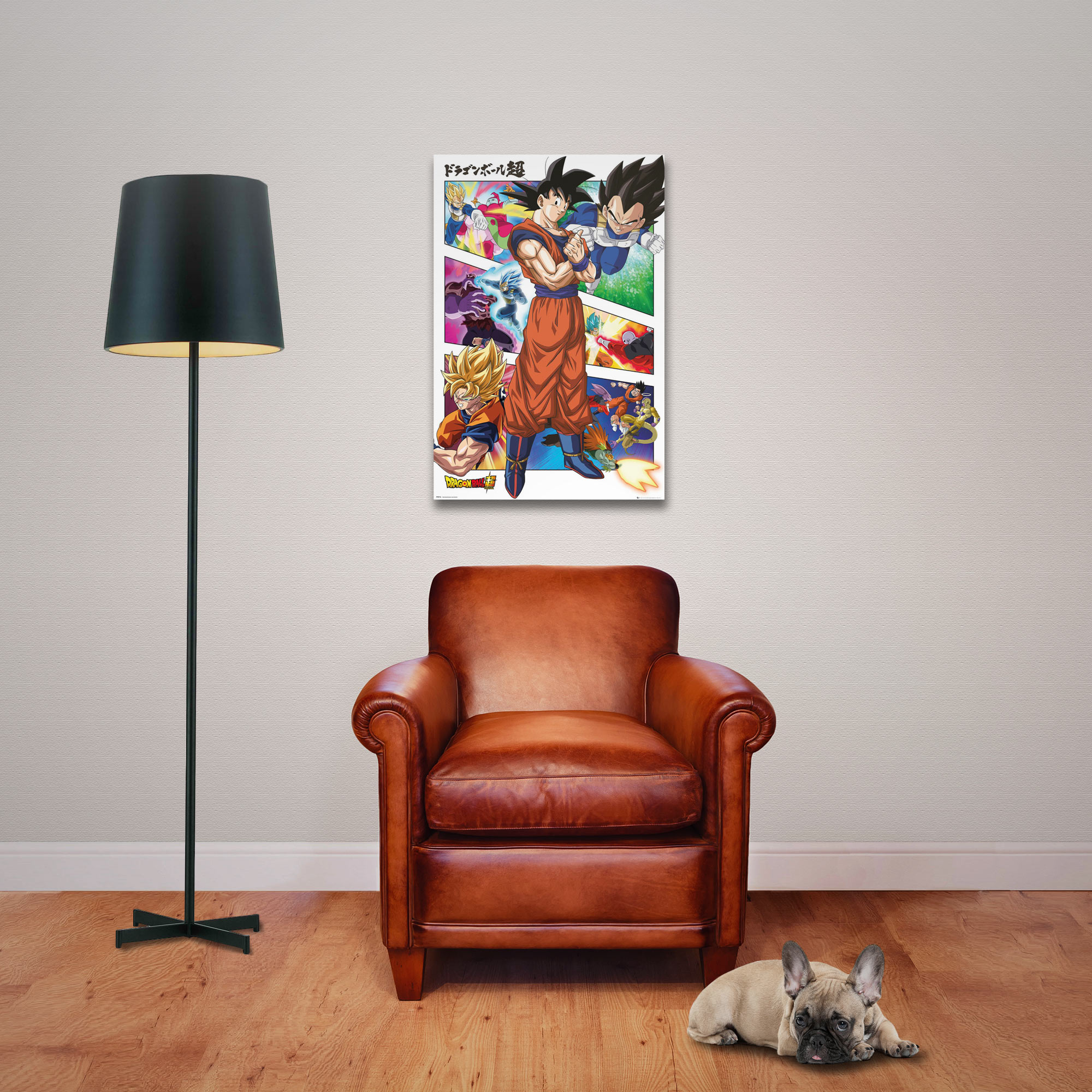 Ein Raum mit einem Poster, einem Ledersessel, einer Stehlampe und einem Hund, der auf dem Boden liegt. Das Poster zeigt Dragon-Ball-Charaktere.