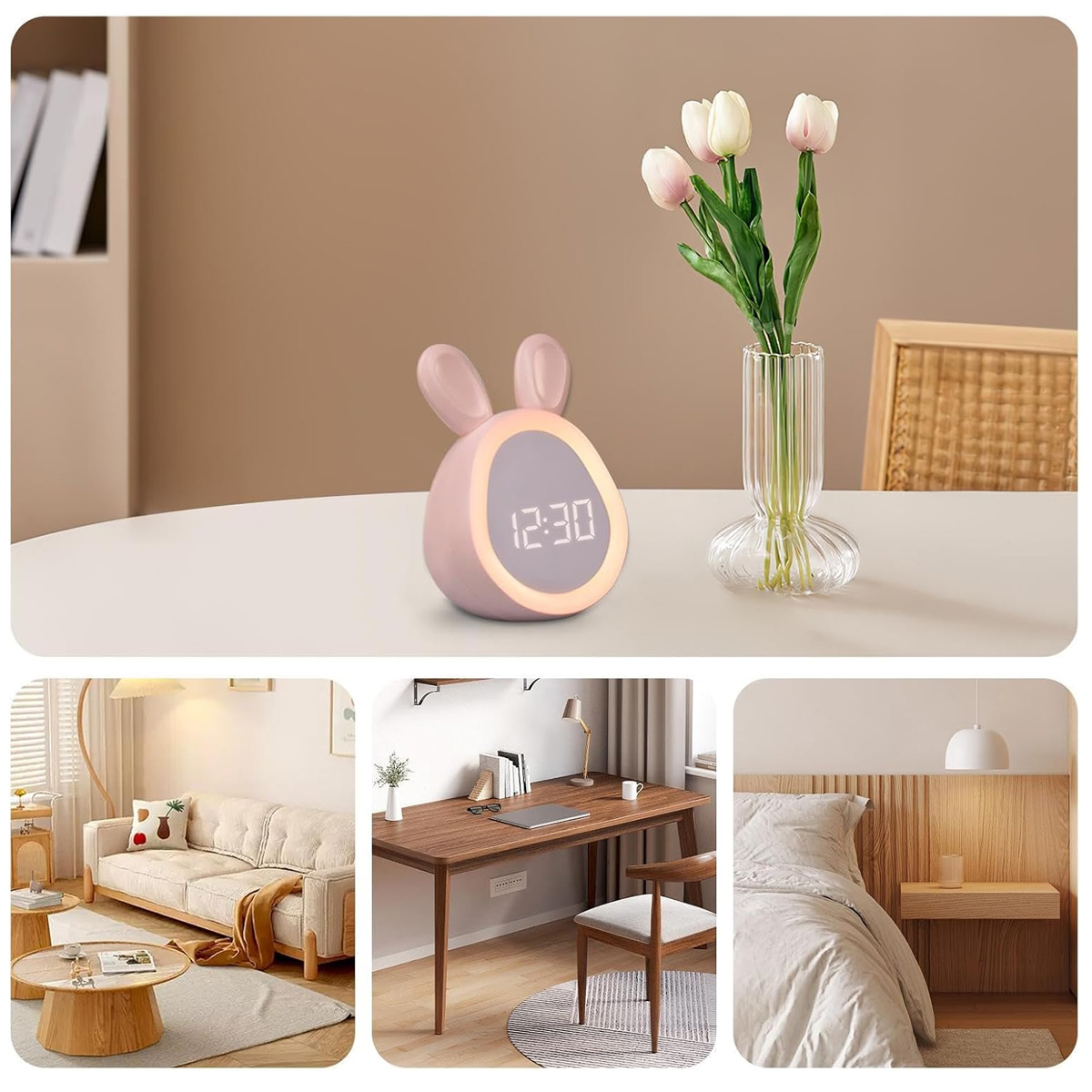 Ein rosa, hasenförmiger Wecker zeigt 12:30 Uhr an. Tulpen in einer Vase stehen auf dem Tisch. Sofa, Schreibtisch und Bett in anderen Aufnahmen.
