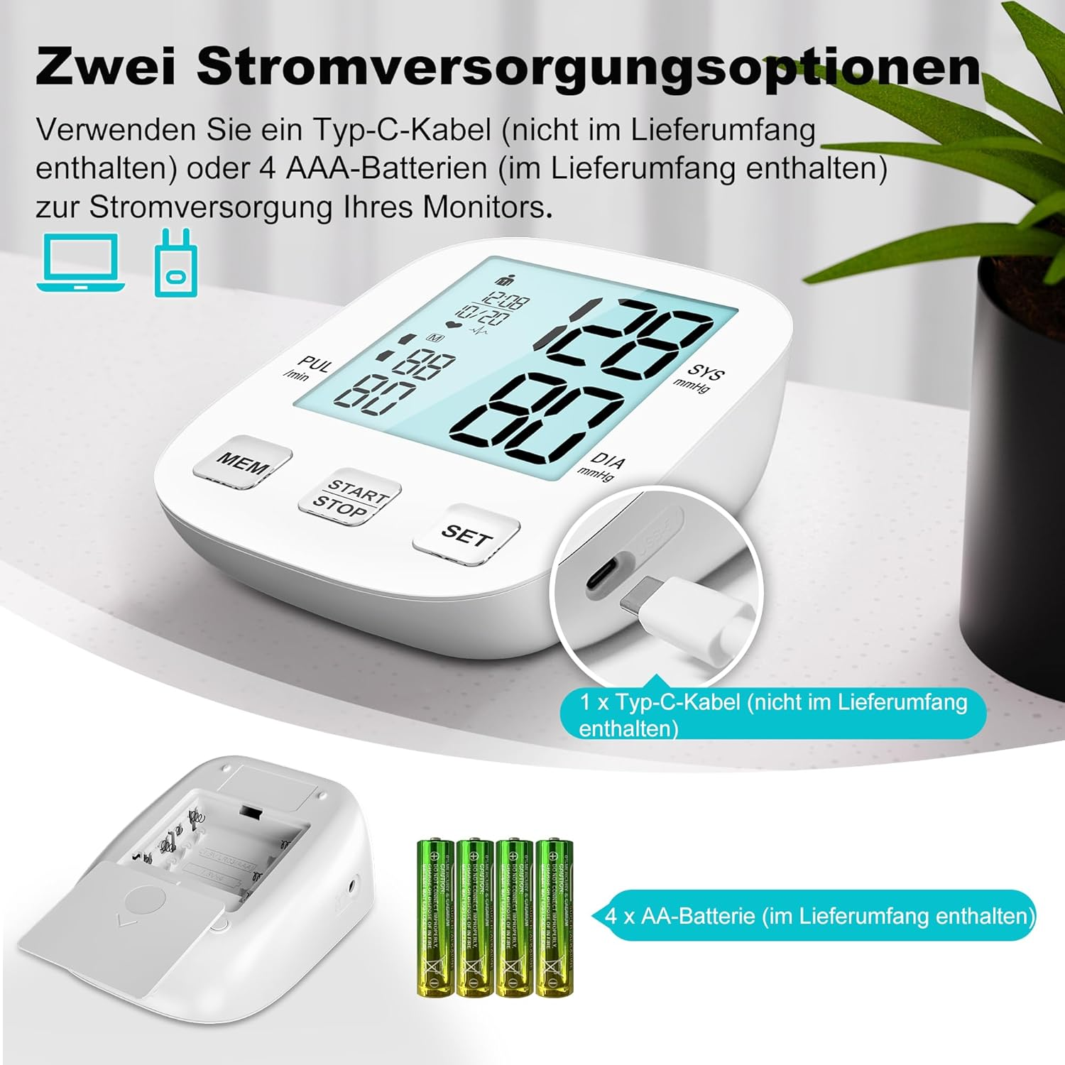 Ein Blutdruckmessgerät mit Anzeige der Messwerte. Enthält einen Ladeanschluss, Batterien und ein Kabel. Text zeigt Energieoptionen an.
