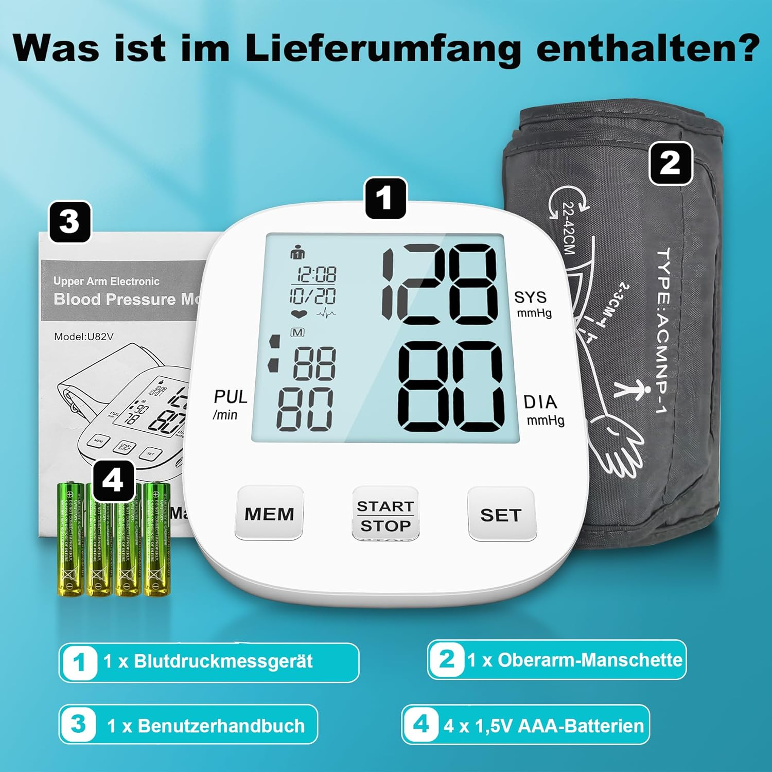 Ein Blutdruckmessgerät, eine Manschette, ein Handbuch und Batterien werden angezeigt. Das Messgerät zeigt Messwerte. Grüne Batterien im Vordergrund.