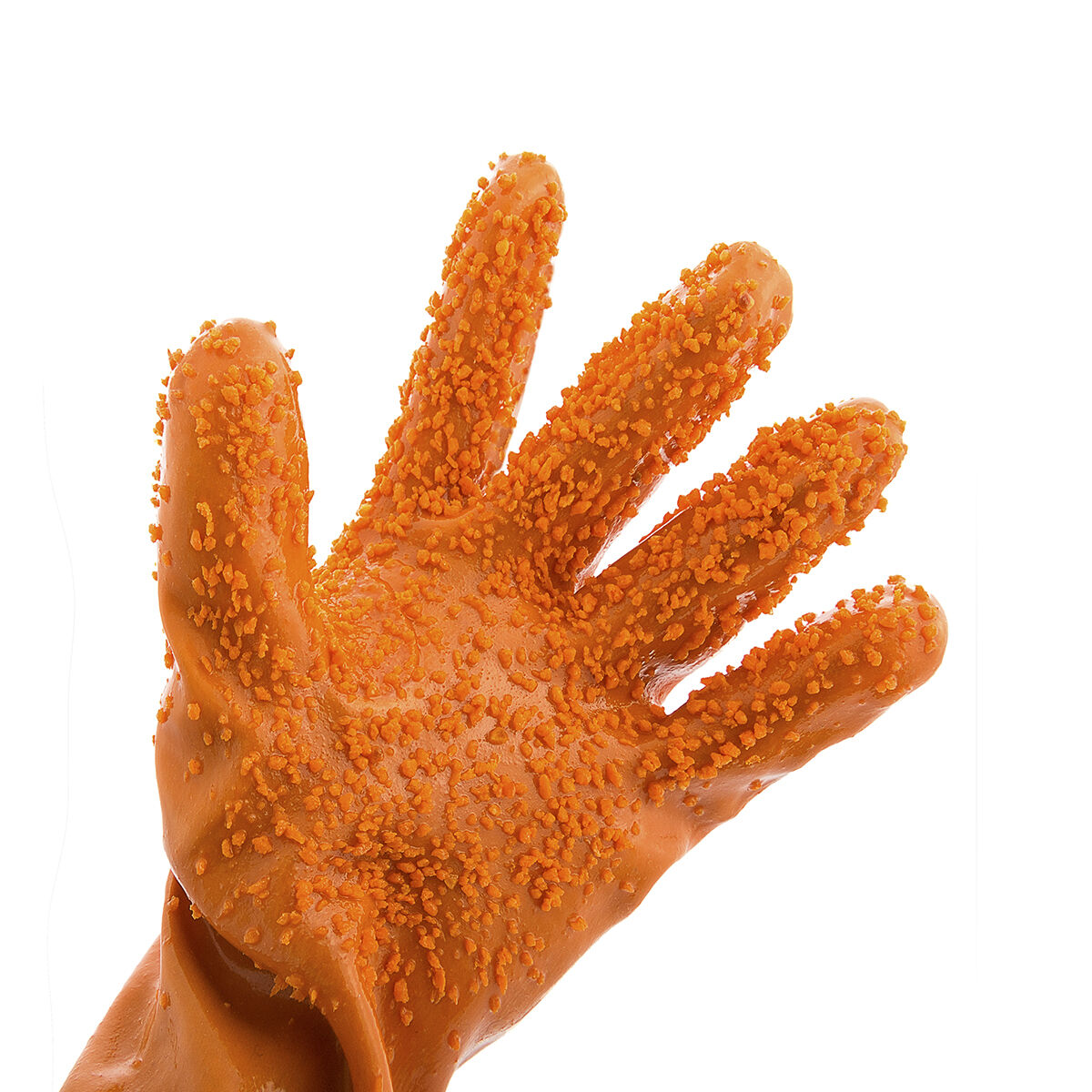 Un guanto arancione strutturato su sfondo bianco. Il guanto è aperto, con protuberanze strutturate che coprono la superficie delle dita e del palmo.