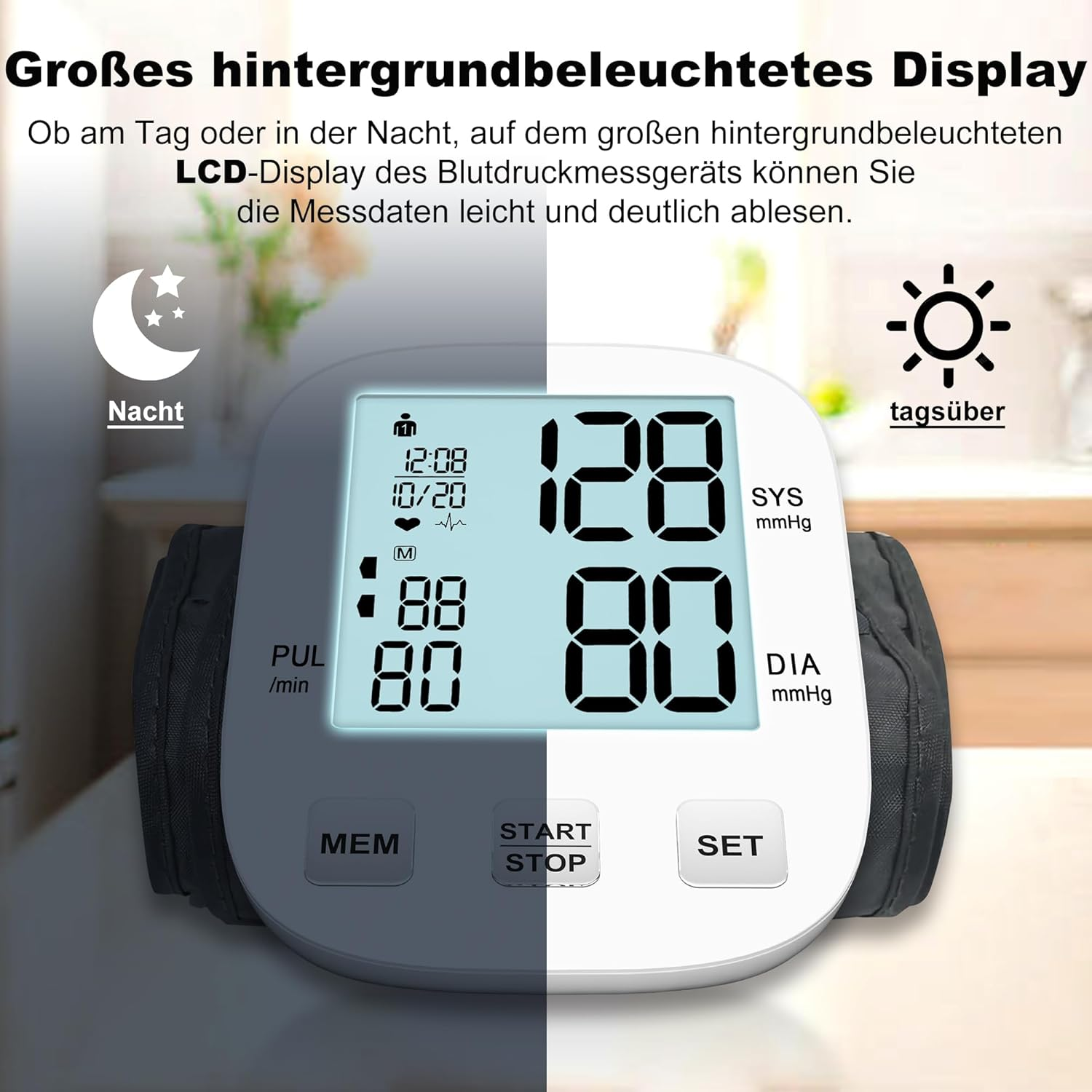Ein Blutdruckmessgerät zeigt Messwerte an. Der Bildschirm zeigt Zeit, Puls und Blutdruckwerte. Tasten sind mit MEM, START/STOP und SET beschriftet.