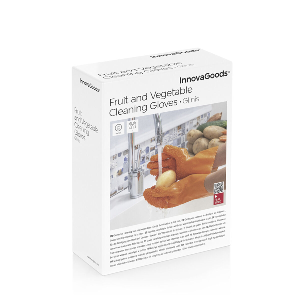 Scatola con guanti arancioni che lavano la frutta. Testo: 'Fruit and Vegetable Cleaning Gloves'. Sfondo con verdure.