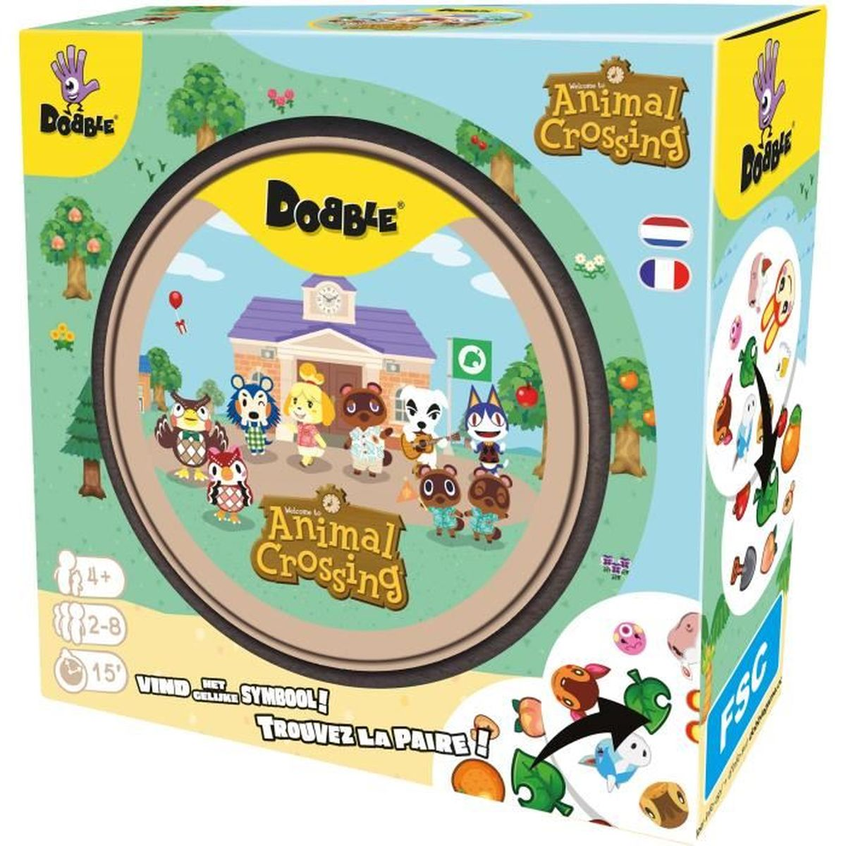 Eine Dobble-Box mit Animal Crossing-Charakteren. Ein kreisförmiges Bild zeigt Charaktere vor einem Gebäude mit dem Logo des Spiels.
