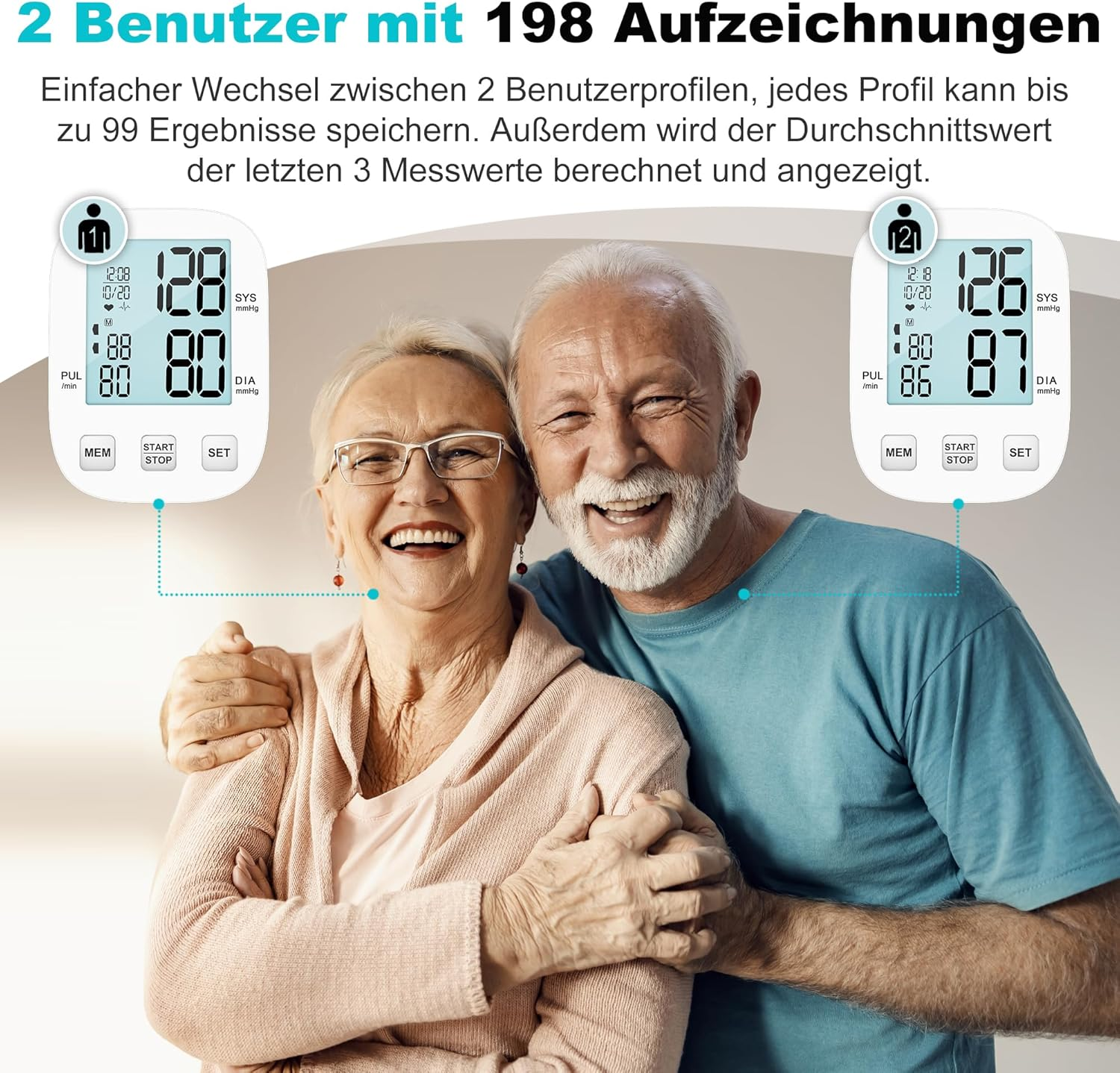 Ein älteres Ehepaar umarmt sich und lächelt. Blutdruckmessgeräte sind über ihnen abgebildet.
