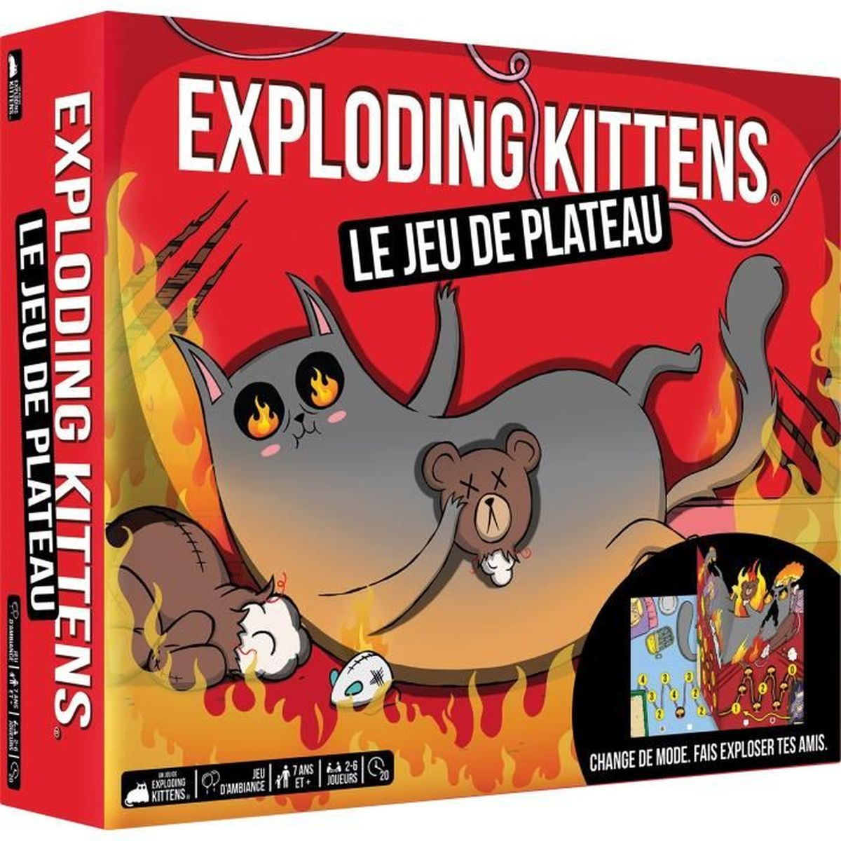 Schachtelkunst für das Spiel Exploding Kittens. Eine graue Katze mit Feueraugen und ein Teddybär. Roter Hintergrund mit Spieletitel.