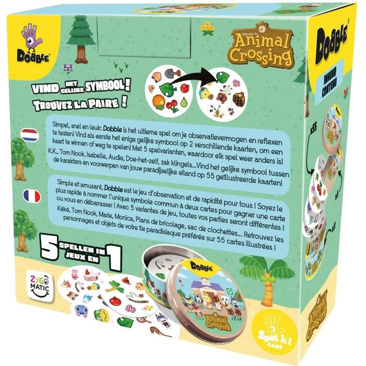 Dobble Animal Crossing-Box zeigt Spieldetails, Charaktere und Symbole. Enthält Text in mehreren Sprachen.