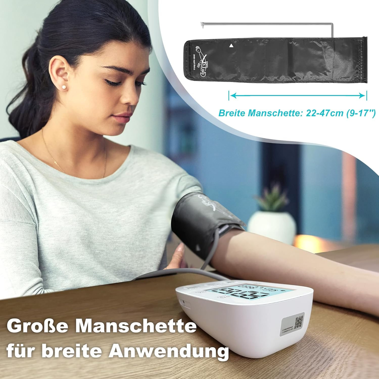 Frau benutzt ein Blutdruckmessgerät. Die Manschette ist an ihrem Arm. Text: 'Große Manschette für breite Anwendung'.