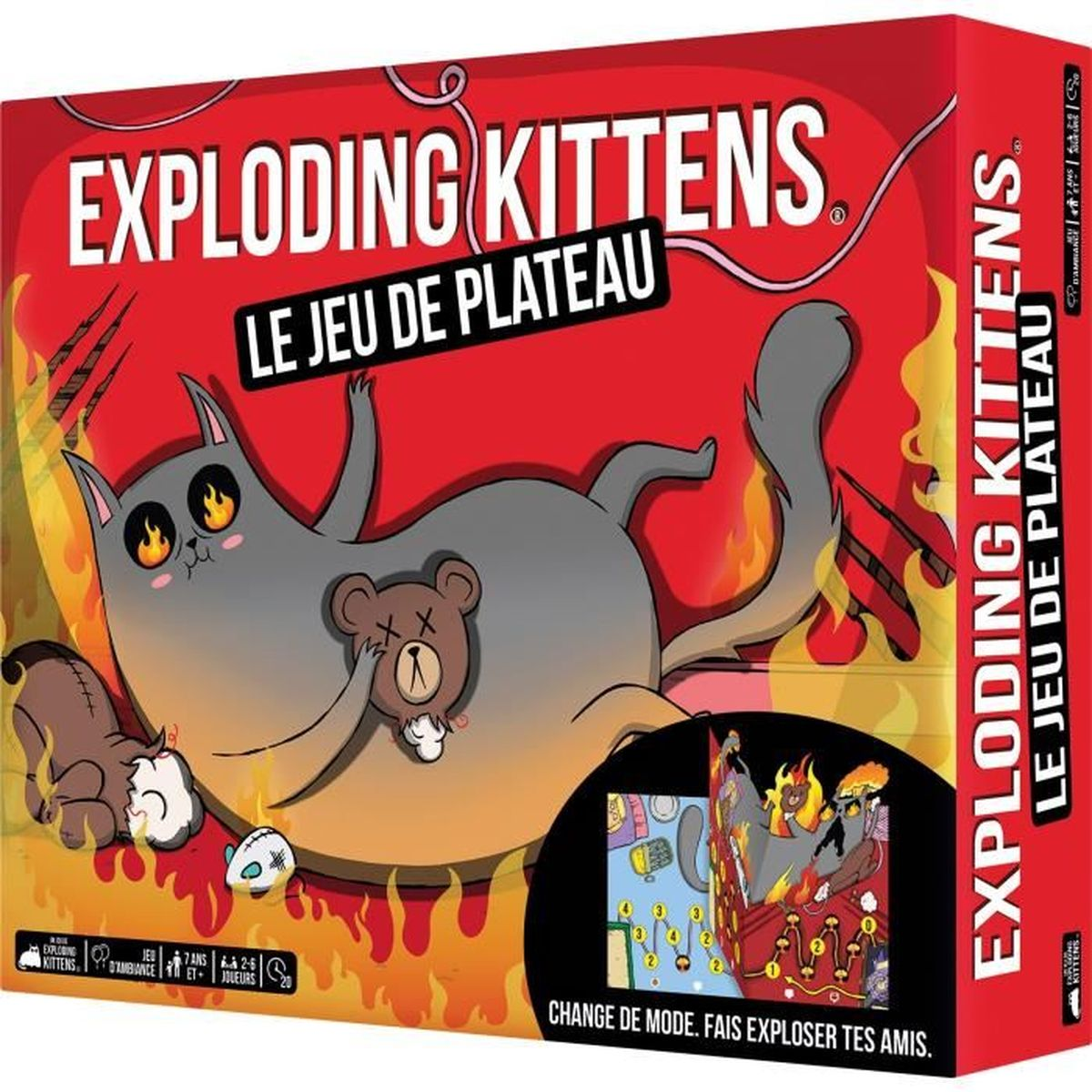 Schachtel des Exploding Kittens Brettspiels mit einer Cartoon-Katze in Flammen. Ein toter Teddybär ist in der Brust der Katze. Roter Hintergrund.