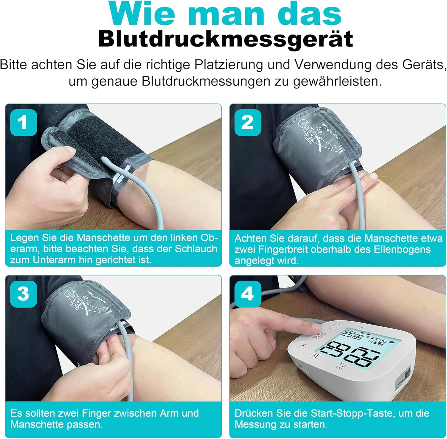 Anweisungen zur Verwendung eines Blutdruckmessgeräts. Schritte zeigen Manschettenplatzierung, Überprüfung und Start. Ein weißer Monitor zeigt Zahlen.