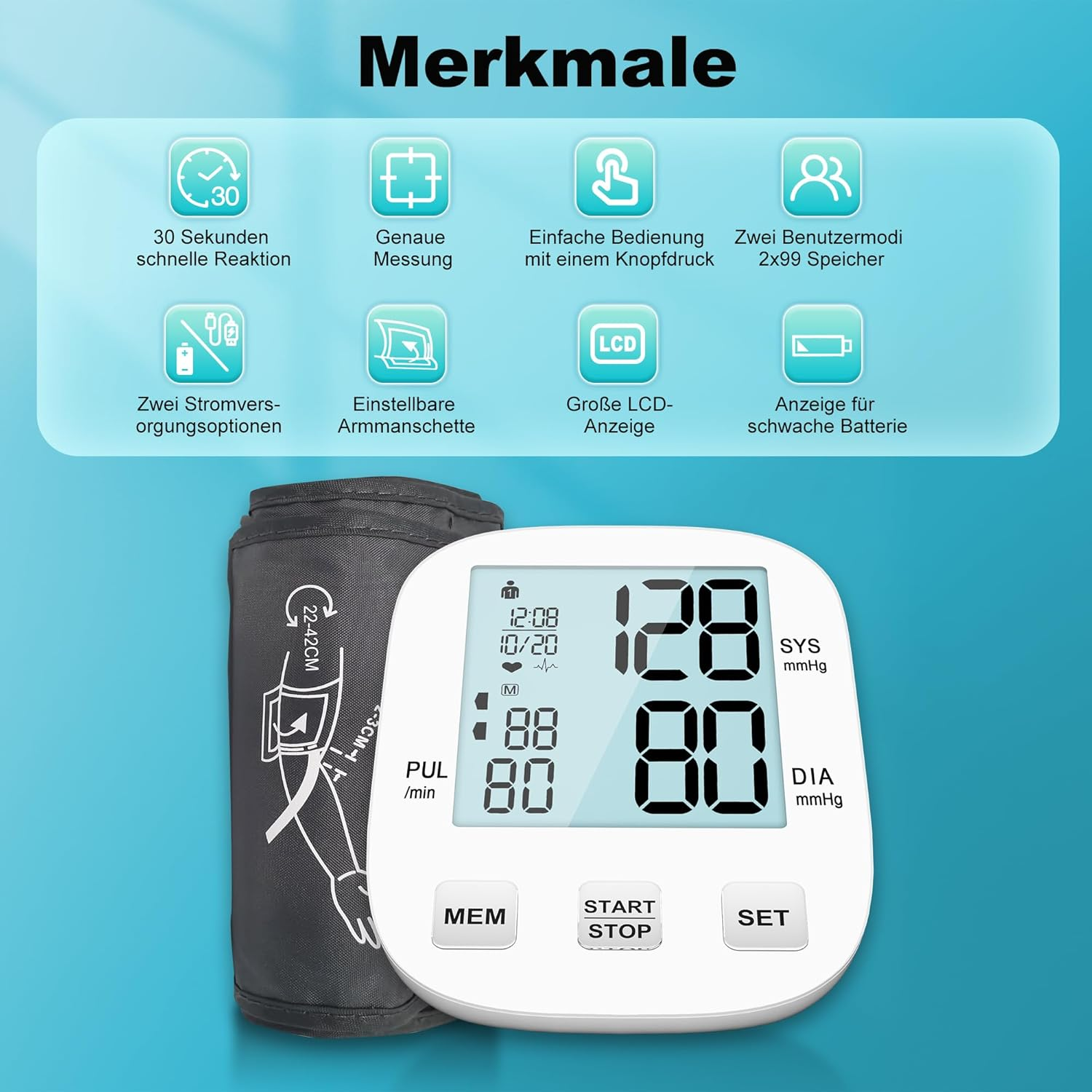 Blutdruckmessgerät mit Digitalanzeige, die Messwerte anzeigt und Armmanschette. Merkmale sind Knöpfe und Symbole, ein blauer Hintergrund und weißer Text.
