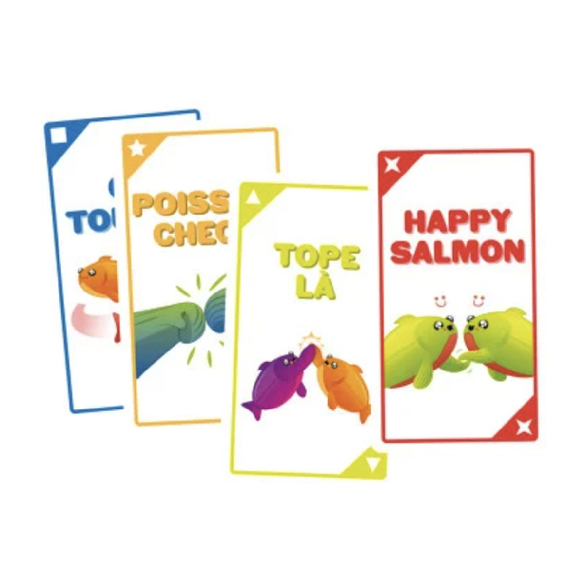 Karten mit Fischillustrationen. Auf einer steht 'Happy Salmon'. Andere zeigen Fische und französische Wörter. Farben sind Blau, Orange, Grün und Lila.
