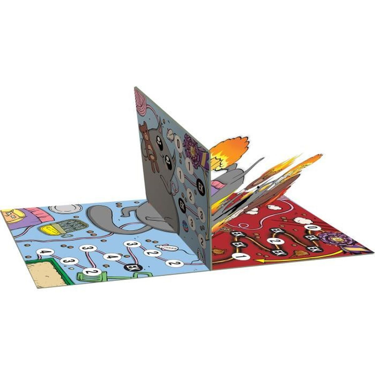 Ein Pop-up-Brettspiel mit einer grauen Katze, Zahlen und Blumendesigns auf blauem und rotem Hintergrund.