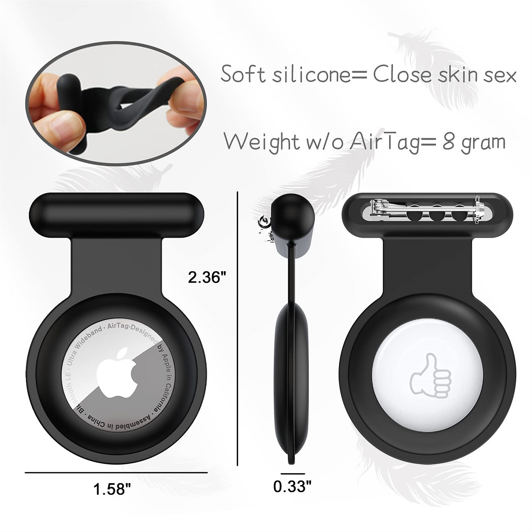 Ein Apple AirTag mit Maßen und einem Silikonhalter. Der AirTag ist schwarz mit einem weißen Daumen-hoch-Symbol.