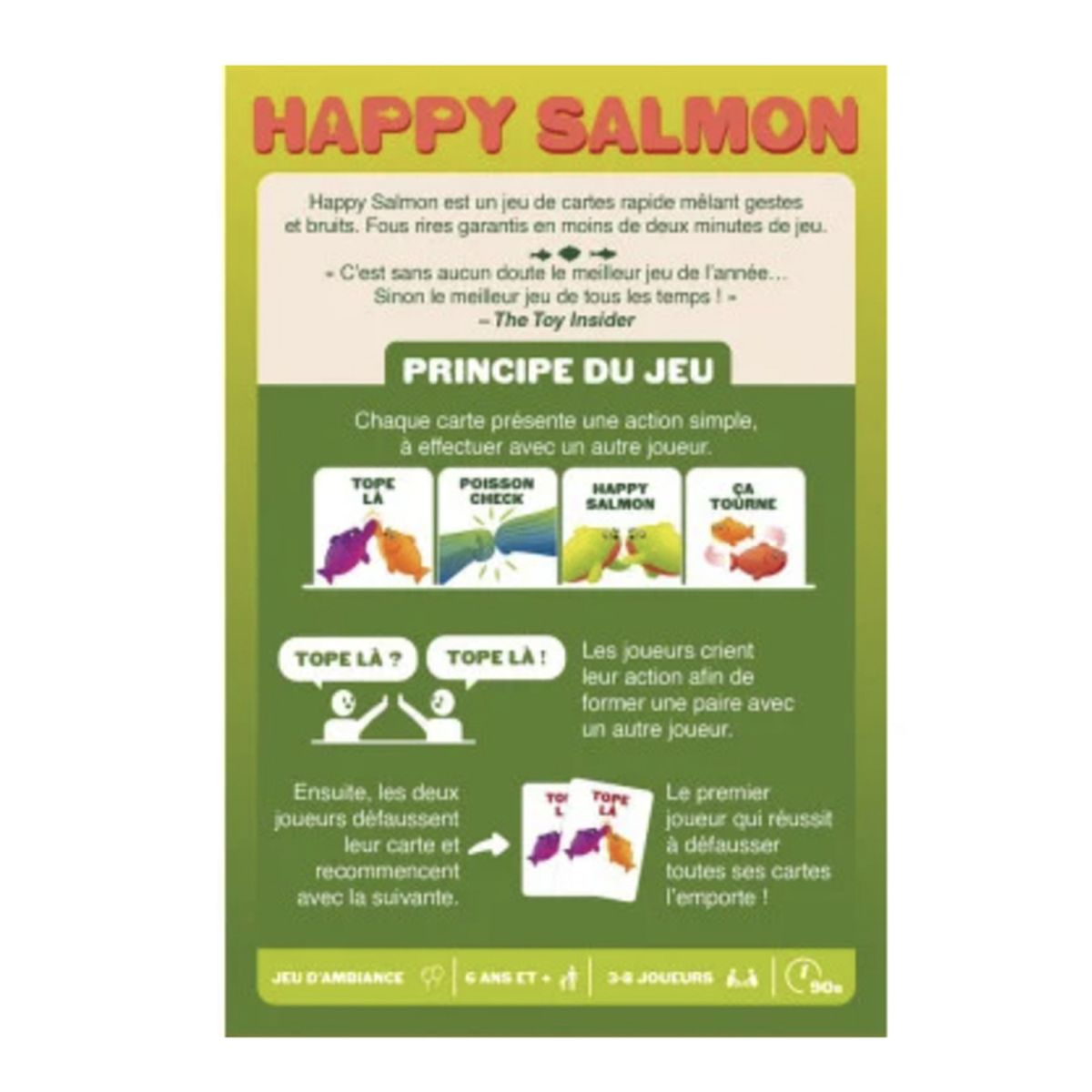 Eine Spielbox mit dem Titel 'Happy Salmon', einem verspielten Design und Anweisungen auf Französisch. Enthält Fischillustrationen.