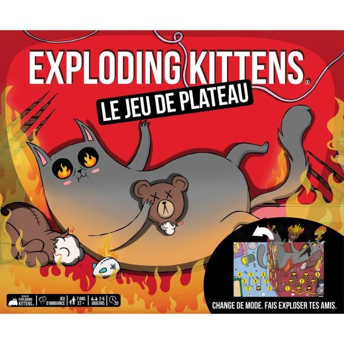 Schachtel des Brettspiels Exploding Kittens. Eine Cartoon-Katze mit Feueraugen, ein Teddybär und ein brennender Hintergrund.