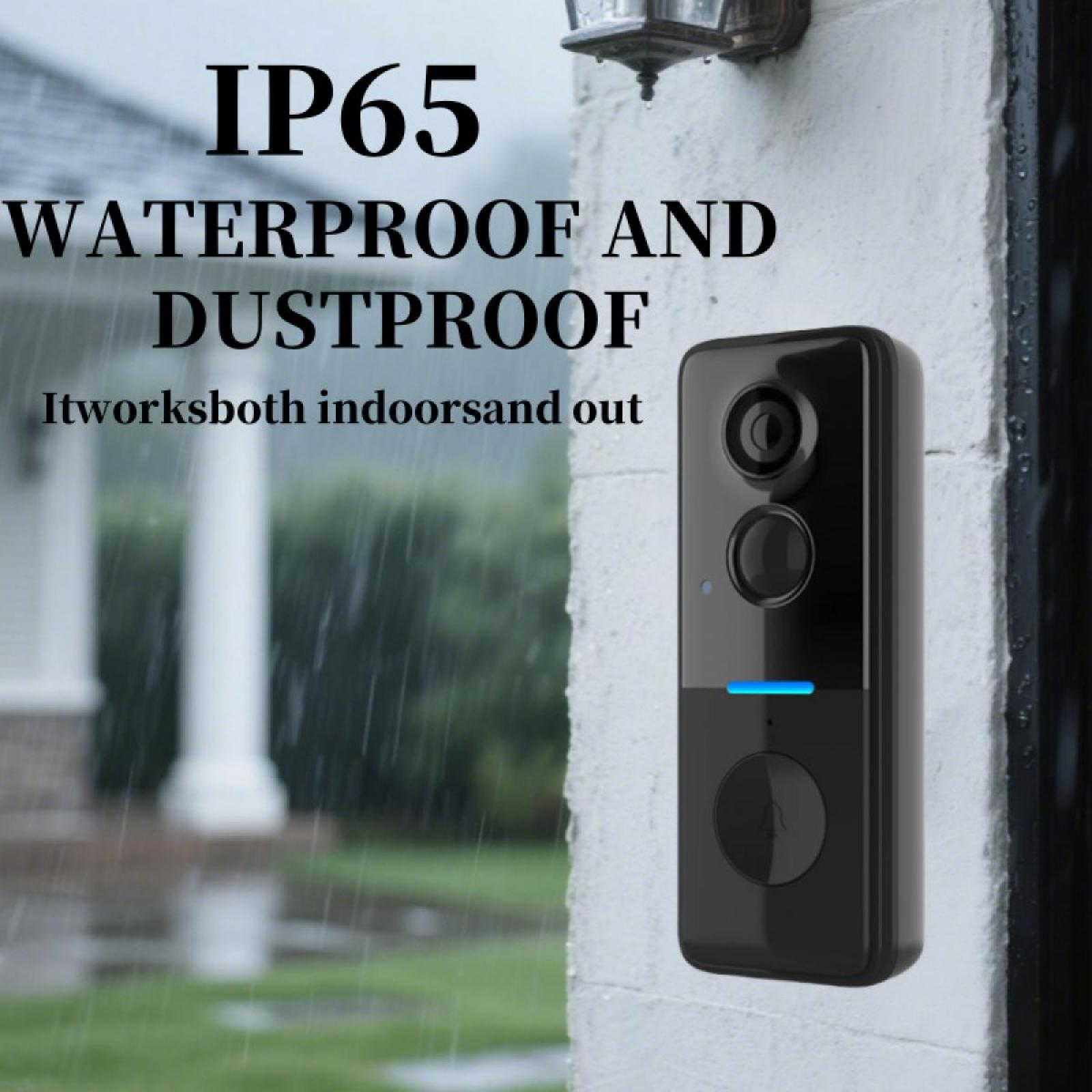 Schwarze Türklingel an einer weißen Wand mit der Aufschrift 'IP65 Wasserdicht und staubdicht'. Regen im Hintergrund.