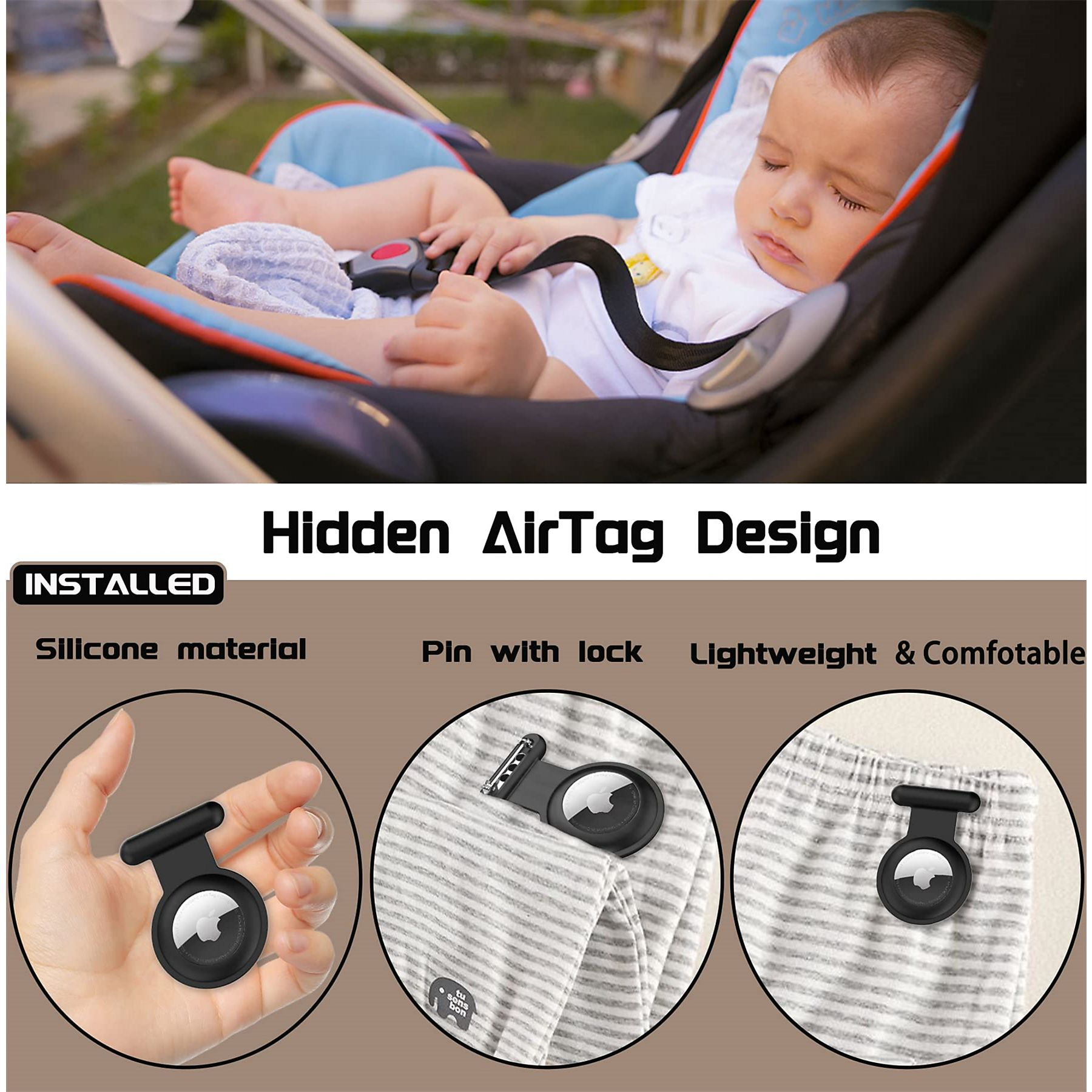 Ein schlafendes Baby in einem Autositz und Bilder, die das Design und die Installation eines AirTags mit Silikonmaterial zeigen.