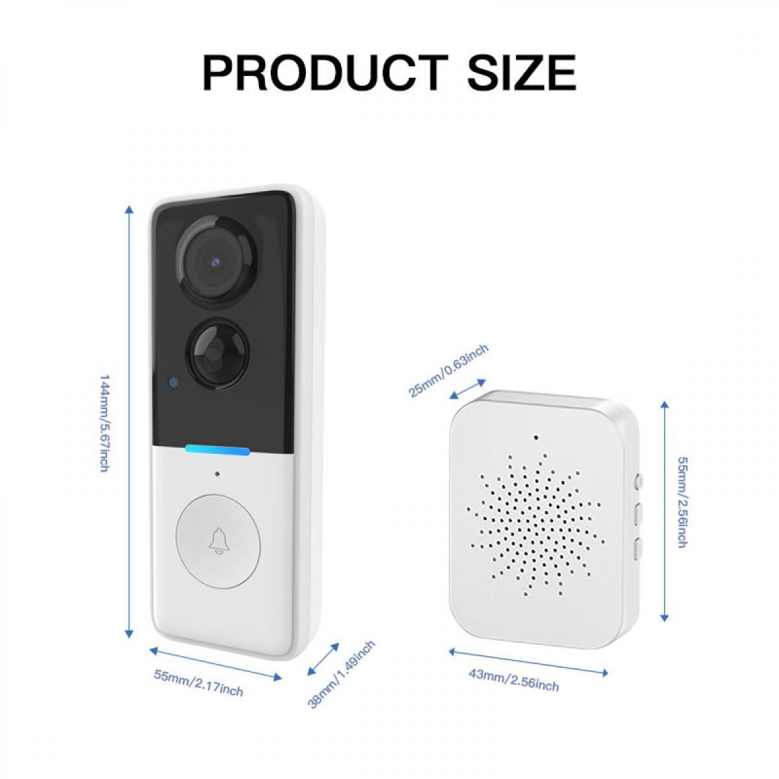 Das Bild zeigt ein Produktdiagramm. Es zeigt eine Türklingel und einen Empfänger, mit Abmessungen in Millimetern und Zoll.