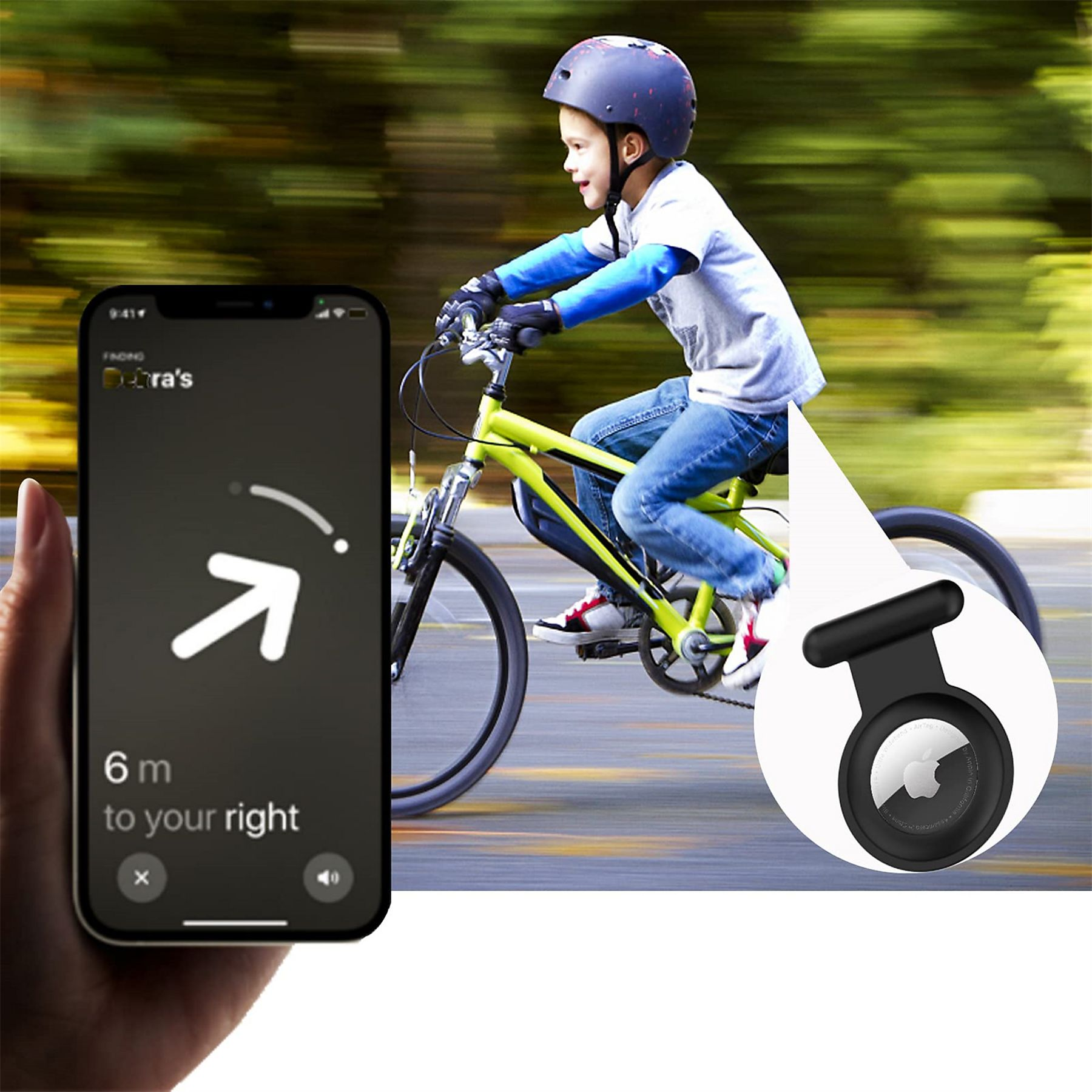 Ein Kind fährt Fahrrad. Ein Telefon zeigt eine Tracking-App an, die anzeigt, dass sich ein Gegenstand 6 Meter rechts befindet.