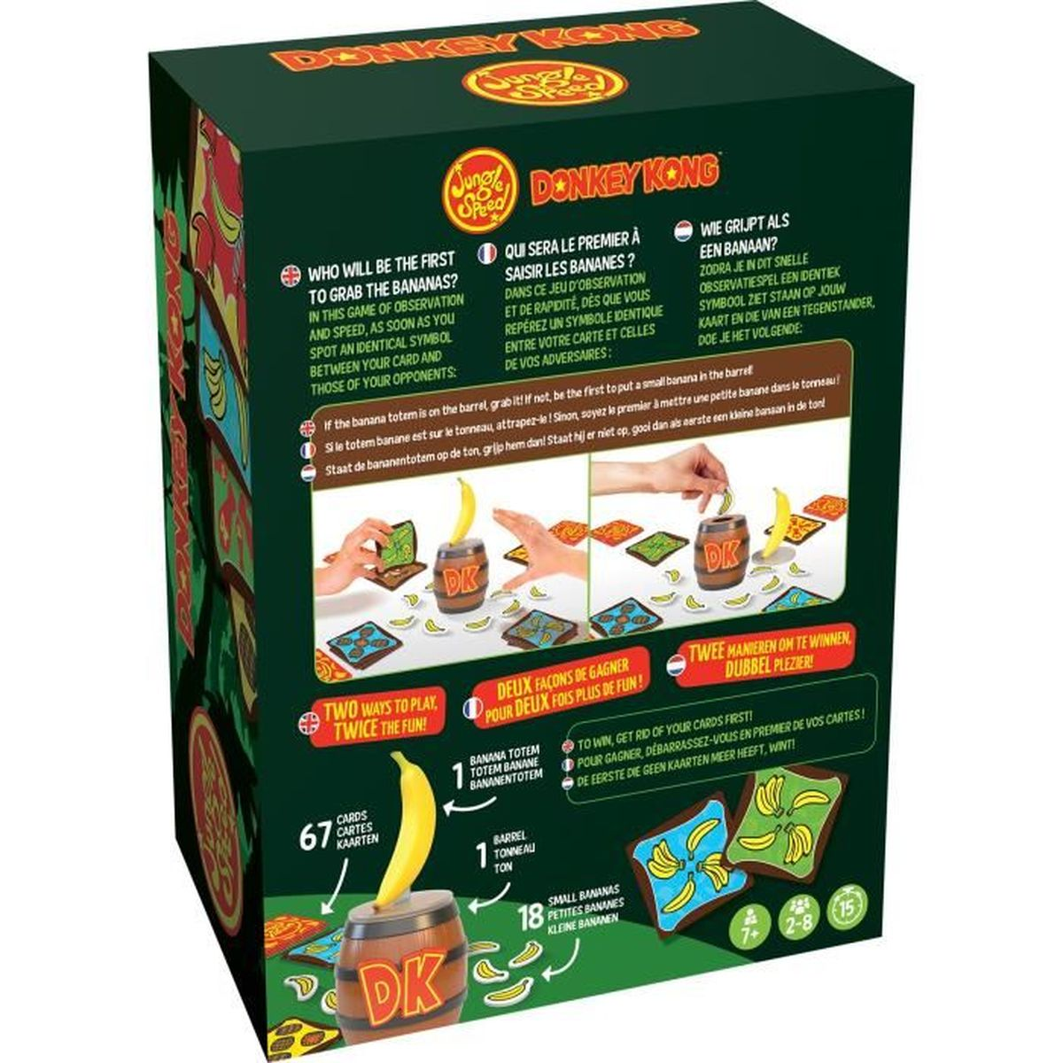 Donkey Kong Brettspielbox. Zeigt Spielanweisungen, Bananen-Totem, Fass, Karten und kleine Bananen, mit Text in mehreren Sprachen.