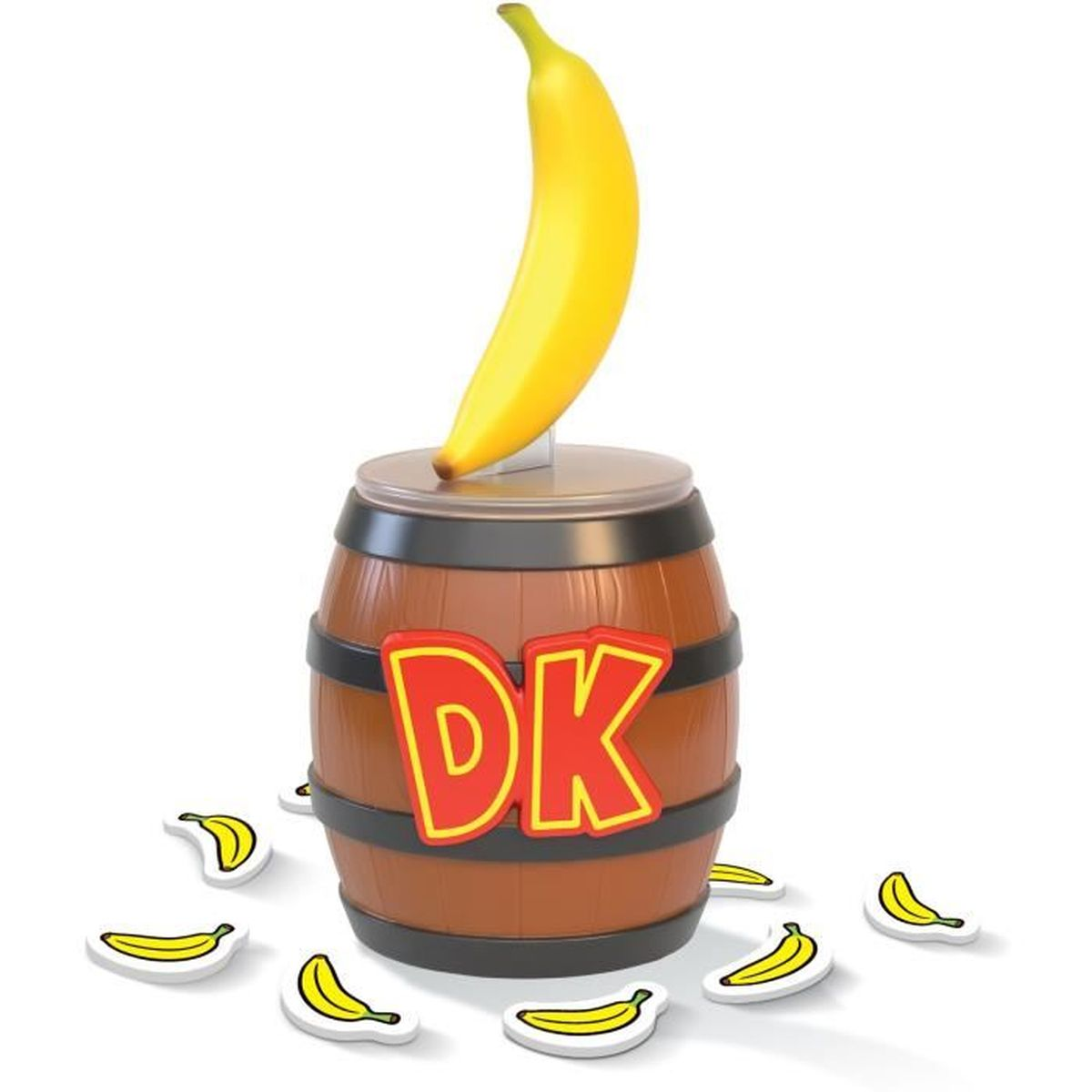 Eine gelbe Banane sitzt auf einem braunen Fass mit roten Buchstaben 'DK'. Kleine Bananen-Chips liegen verstreut.