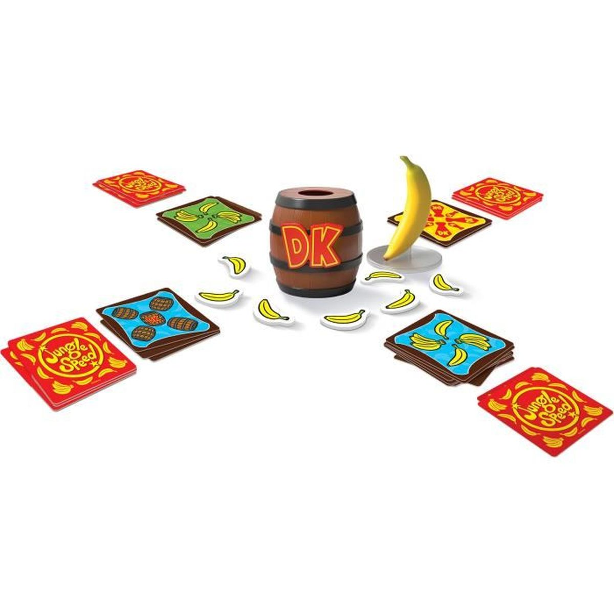 Spielset mit Fass, Banane, Karten und Bananenchips. Karten zeigen Bananen oder Jungle Speed Logo. Objekte liegen auf weißem Untergrund.
