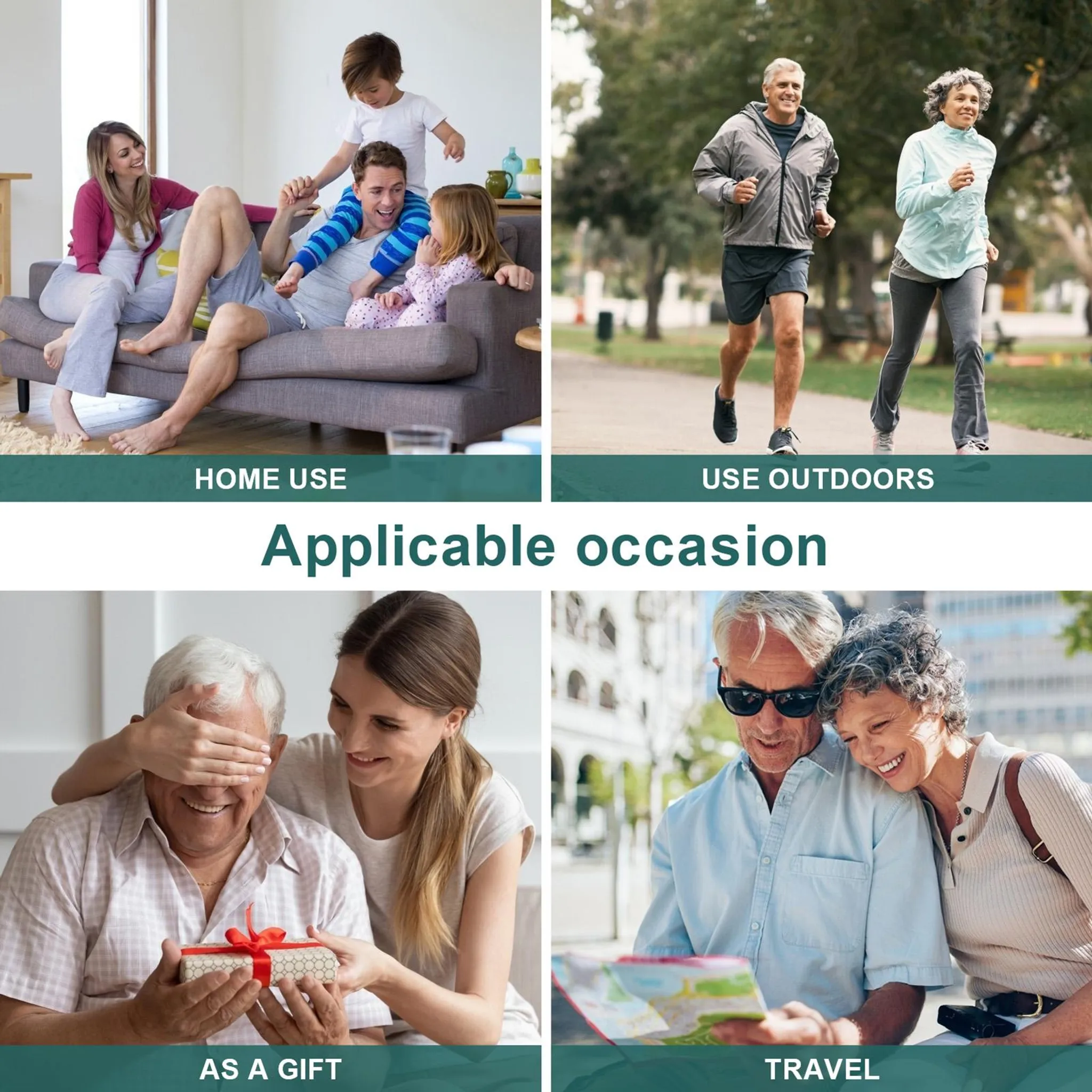 Familie auf dem Sofa, Leute, die draußen laufen, schenken, Reisen mit Karte. Text: Heimgebrauch, Draußen benutzen, Als Geschenk, Reisen.