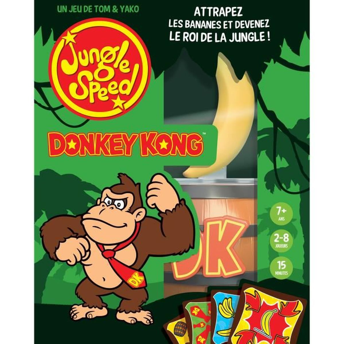 Spielbox von Jungle Speed Donkey Kong. Es zeigt Donkey Kong, eine Banane und Spieldetails. Der Hintergrund ist grün mit Dschungel-Elementen.