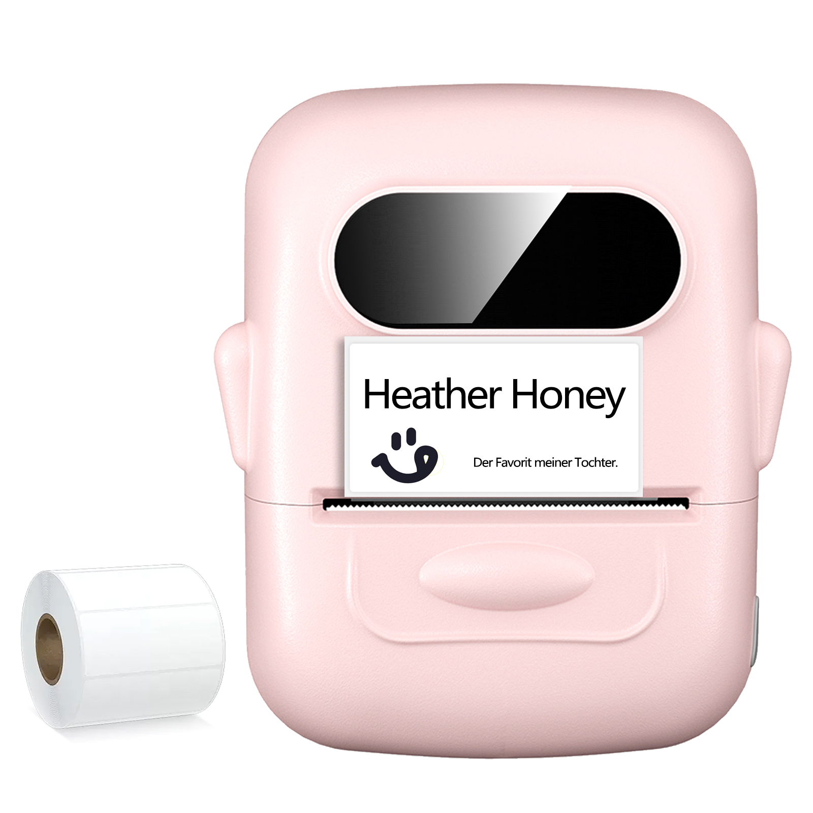 Rosa Etikettendrucker mit einem Etikett mit der Aufschrift 'Heather Honey'. Links befindet sich eine Rolle Etiketten.