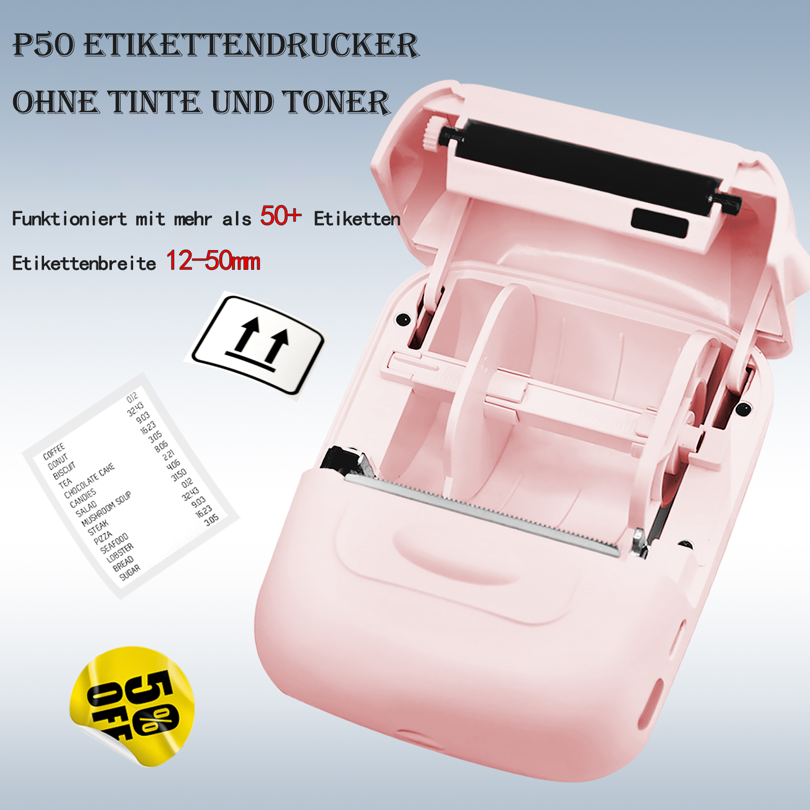 Rosa Etikettendrucker mit offenem Deckel, Quittung und gelbem 5 % Rabatt-Aufkleber. Text oben, Etikettenbreite und Pfeile.
