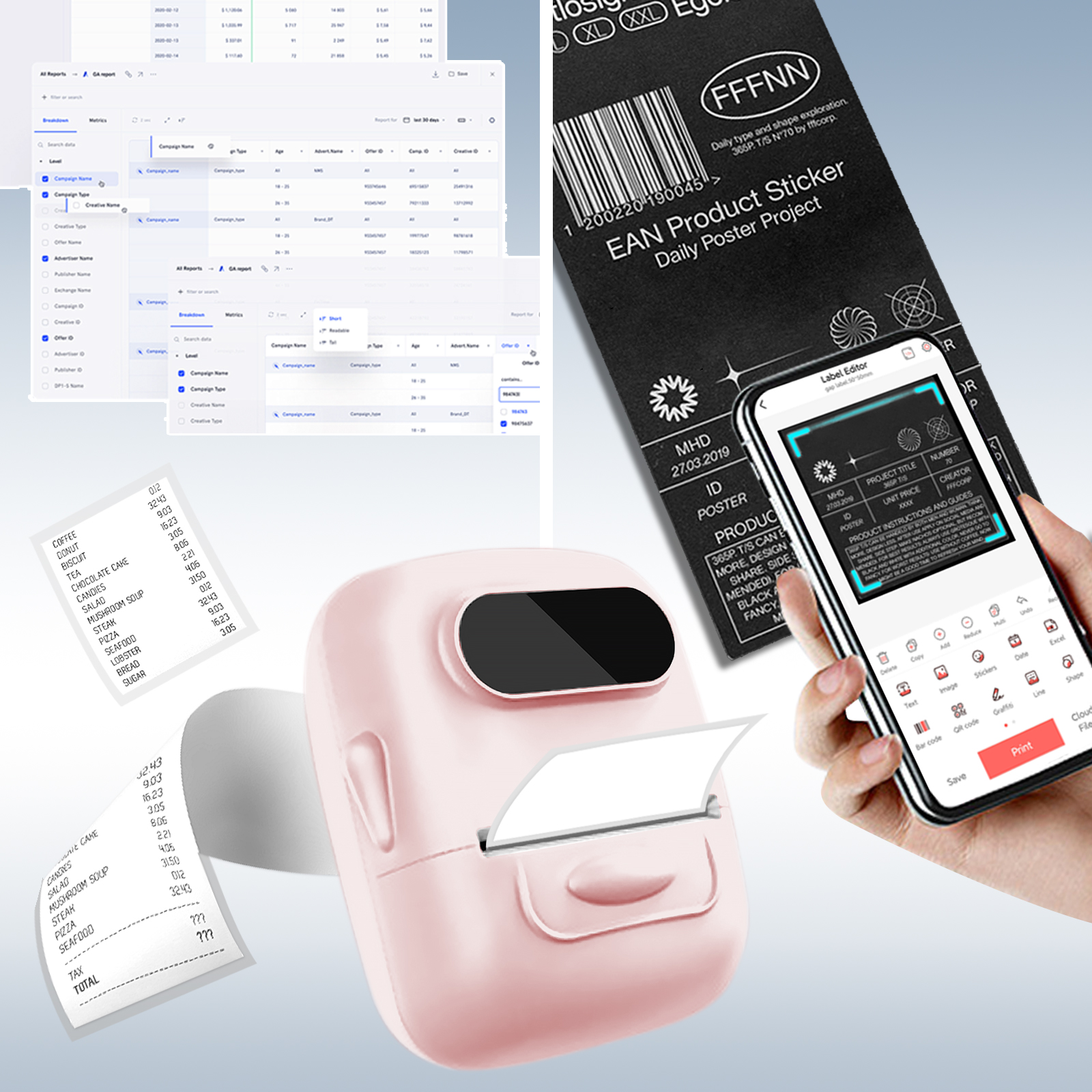 Ein rosa Drucker druckt einen Beleg. Ein Telefon zeigt einen Label-Editor. Datendiagramme sind im Hintergrund.