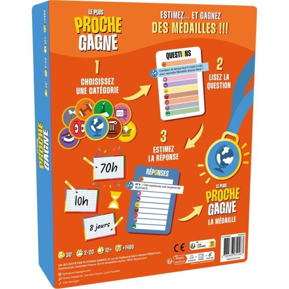 Spielbox mit dem Titel 'Proche Gagne'. Sie hat Anweisungen, eine Medaille, Fragen und Antworten mit verschiedenen Symbolen und Zahlen.