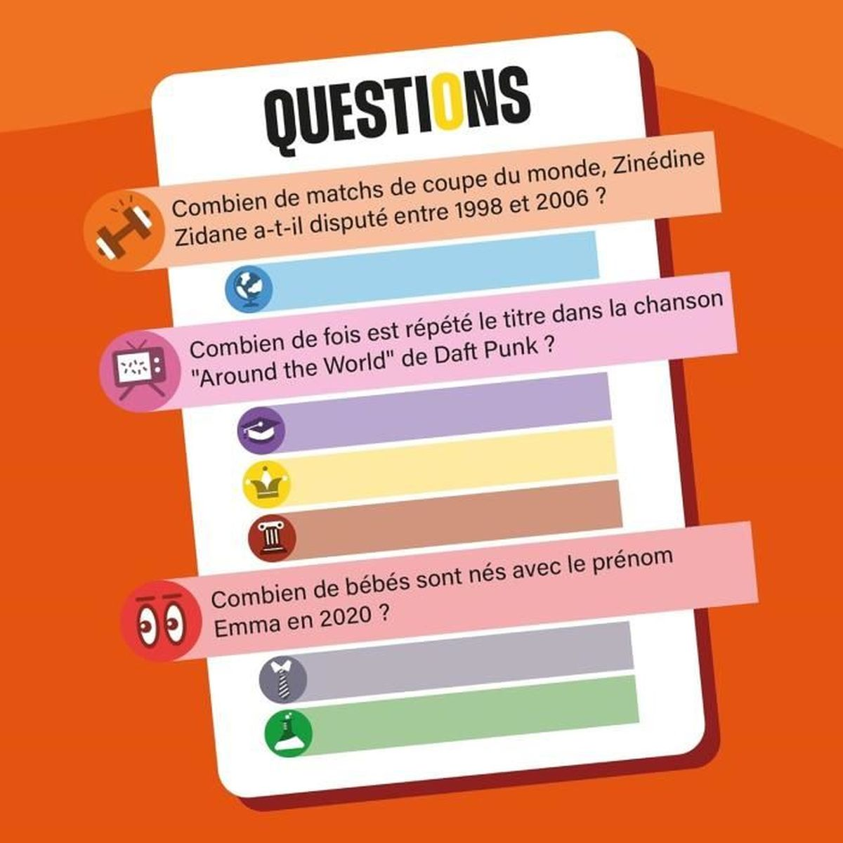 Eine Quizkarte mit Fragen zu Zidanes Spielen, Daft Punks Song und Babys namens Emma. Oranger Hintergrund.