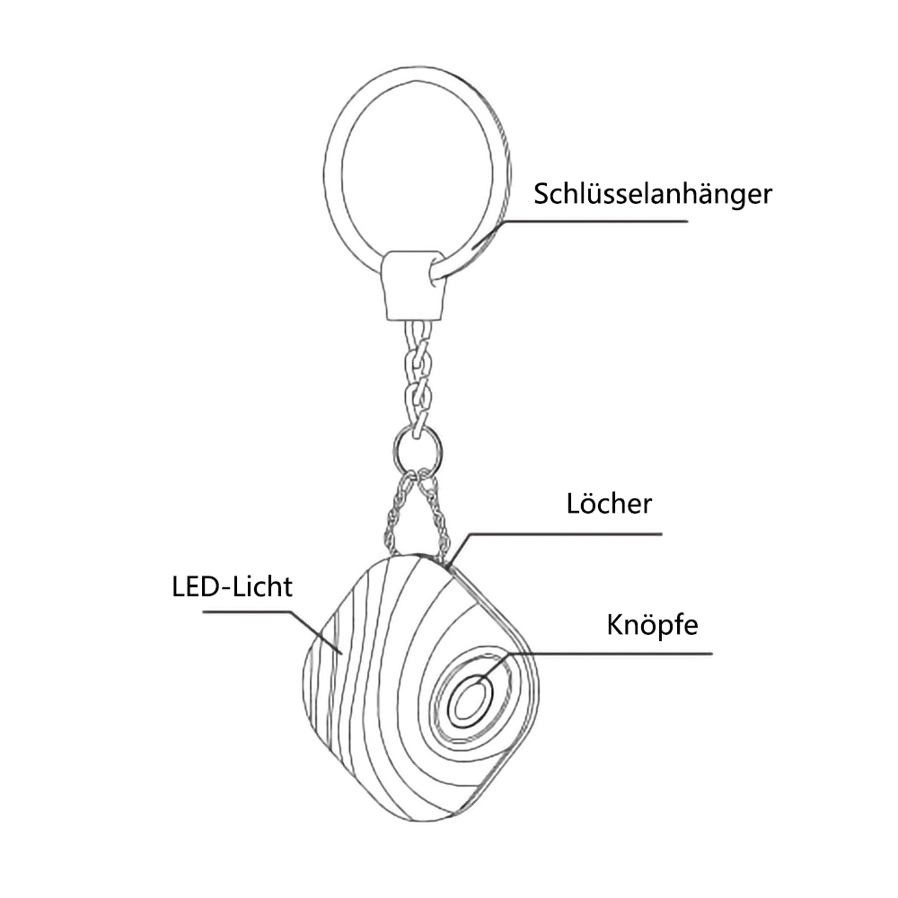 Ein Schlüsselanhänger mit einem quadratischen Anhänger. Der Anhänger hat ein Holzmaserungsdesign mit Etiketten für LED-Licht, Knöpfe und Löcher.