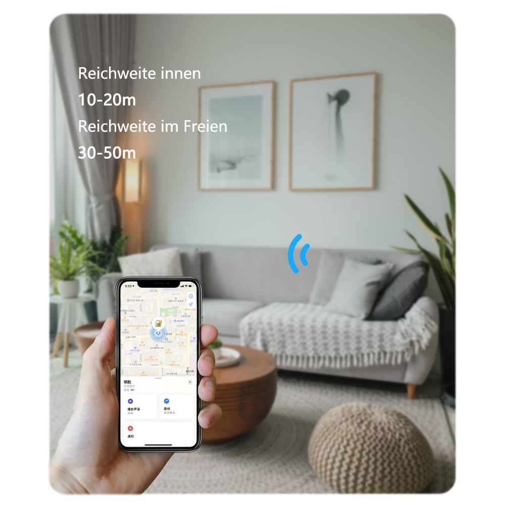 Hand, die ein Telefon mit Karten-App hält. Wohnzimmer mit Sofa, Kunst und Text über Reichweite. Drahtloses Signal-Symbol.