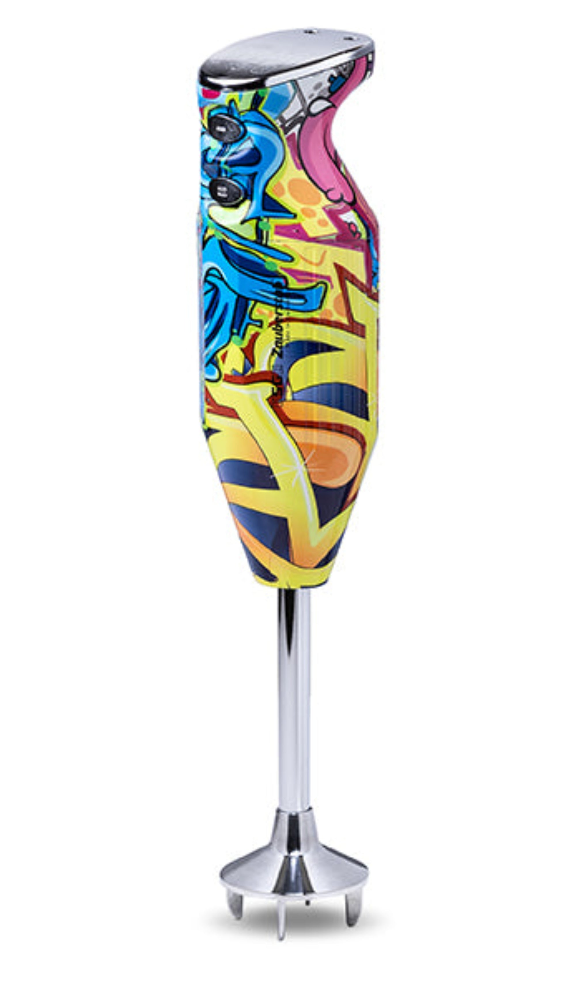 Ein Stabmixer mit Graffiti-Design. Der Körper ist mit blauer, gelber und rosa Graffiti-Kunst bedeckt, mit Chrombasis und Klingen.