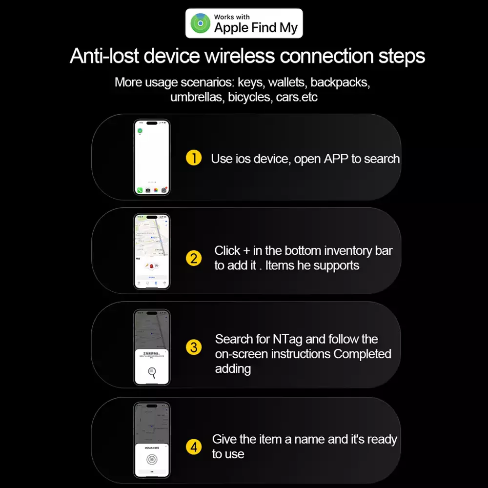 Anweisungen zum Verbinden eines Geräts mit Apple Find My. Enthält Schritte zum Öffnen der App, zum Hinzufügen von Artikeln und zum Benennen.