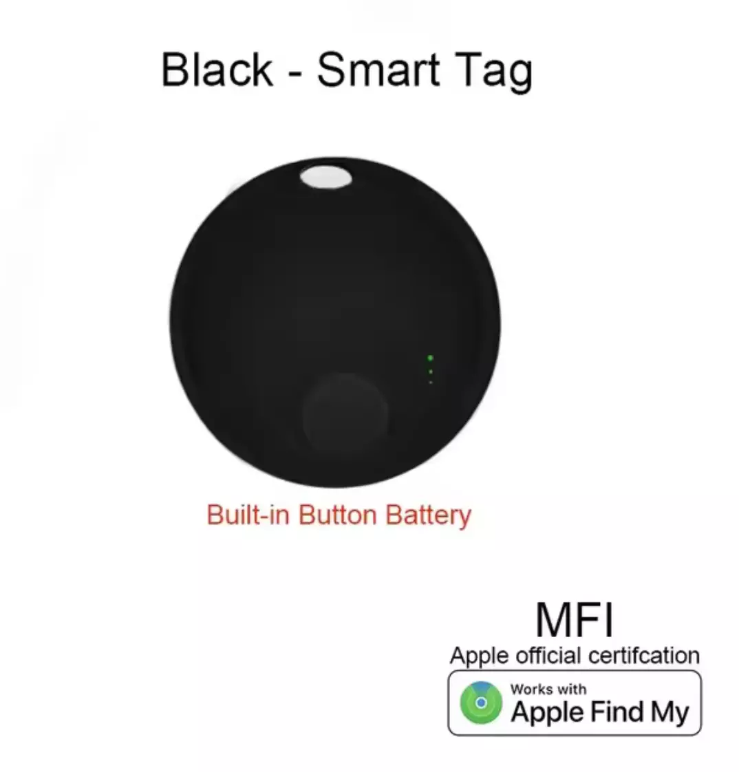 Ein schwarzer Smart-Tag mit Knopfbatterie. Eigenschaften: Kompatibilität mit Apple Find My und offizielle Apple-Zertifizierung.