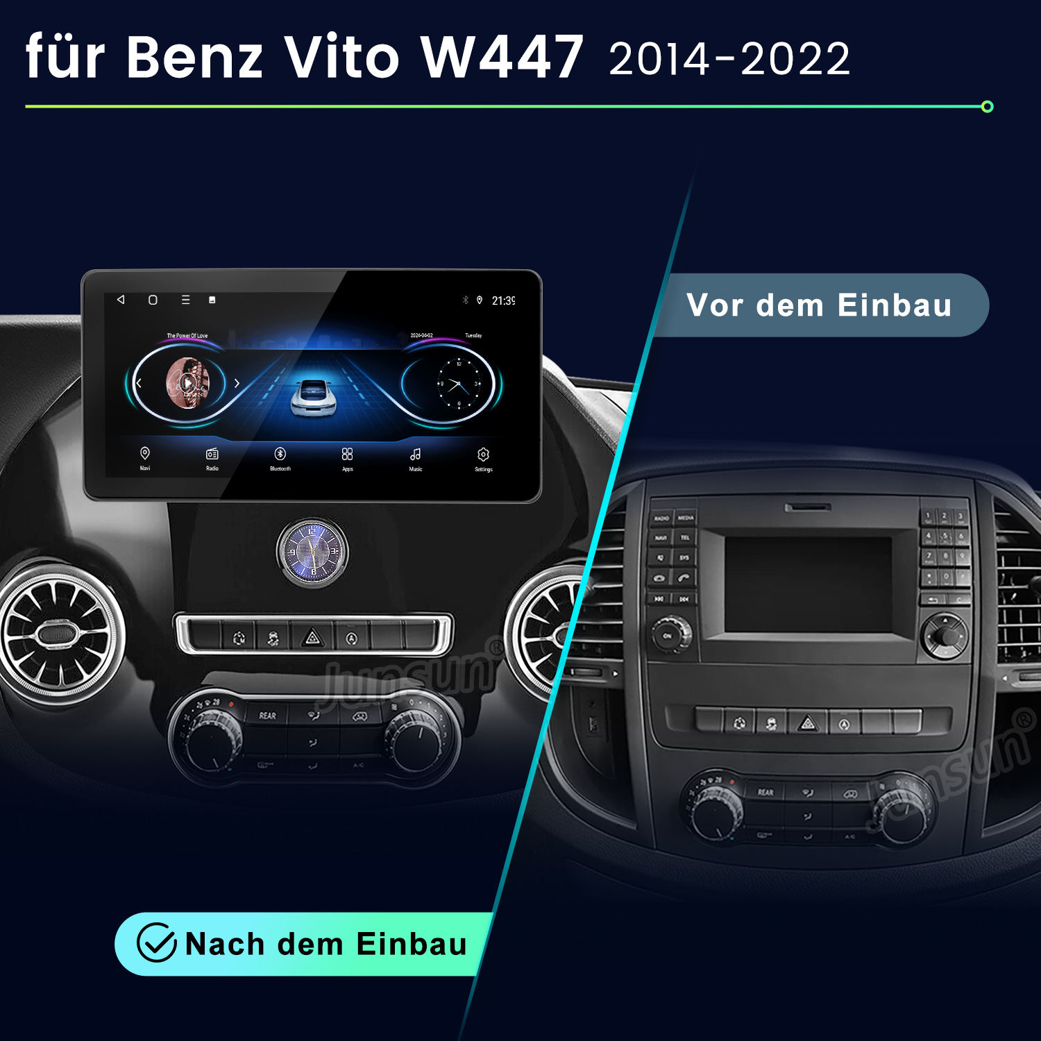 Bild zeigt Armaturenbrett vor und nach Einbau eines neuen Infotainmentsystems, Bildschirm mit Navigation und Mediensteuerung.