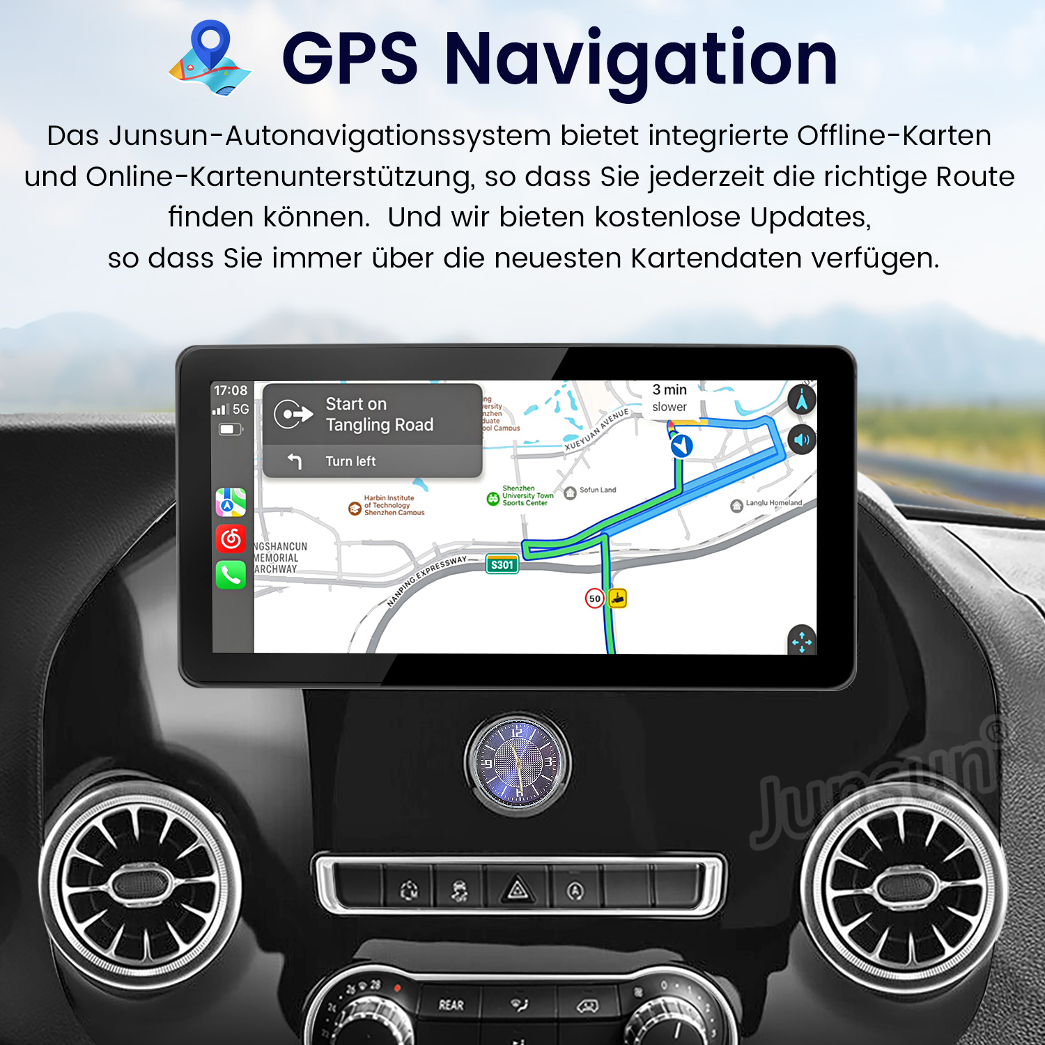 Auto-Armaturenbrett mit GPS-Navigationsbildschirm. Der Bildschirm zeigt eine Karte mit blau markierter Route.