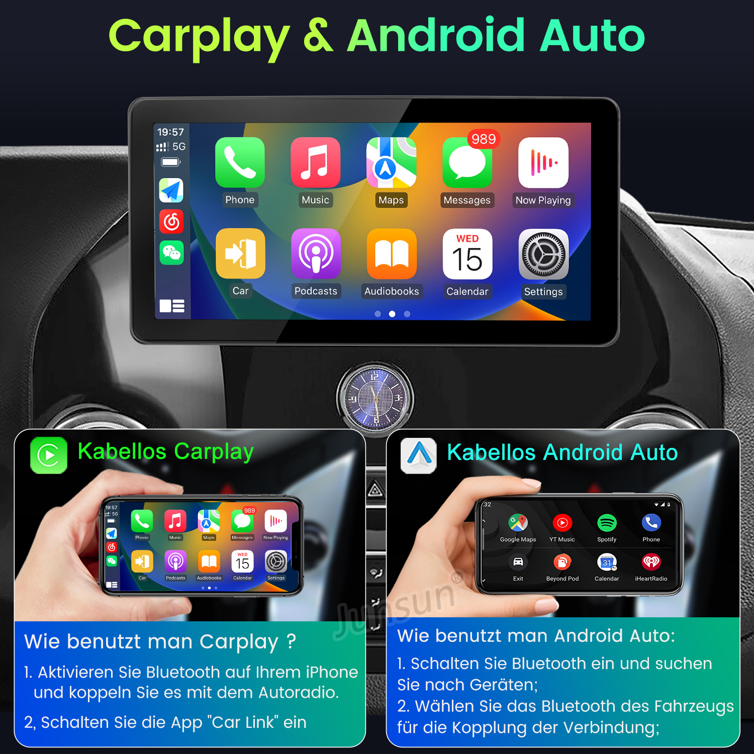Auto-Infotainment-System mit CarPlay und Android Auto. Zeigt Symbole für Telefon, Musik, Karten, Einstellungen und mehr.