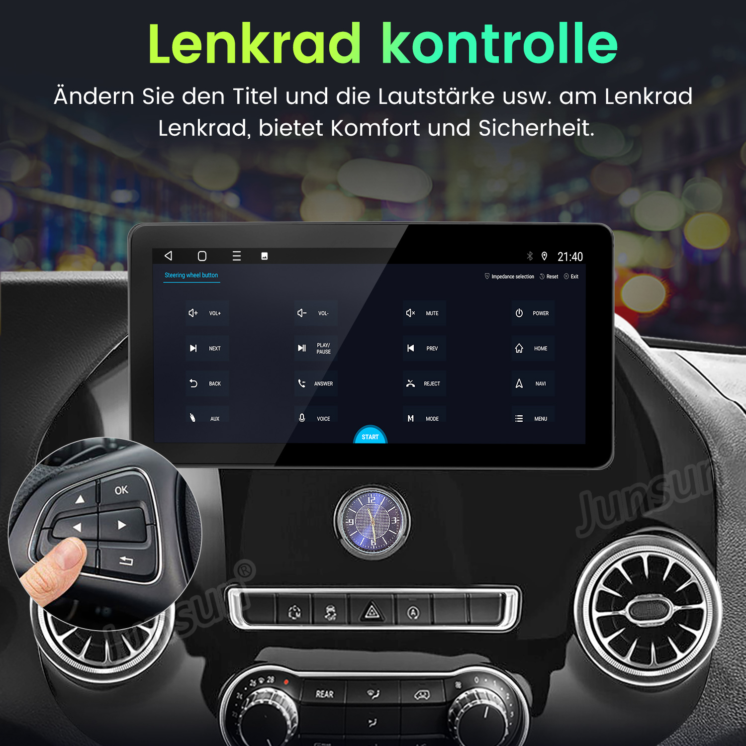 Autotafel mit Bildschirm, der Bedienelemente anzeigt. Eine Hand drückt eine Taste am Lenkrad. Text oben: 'Lenkrad kontrolle'.