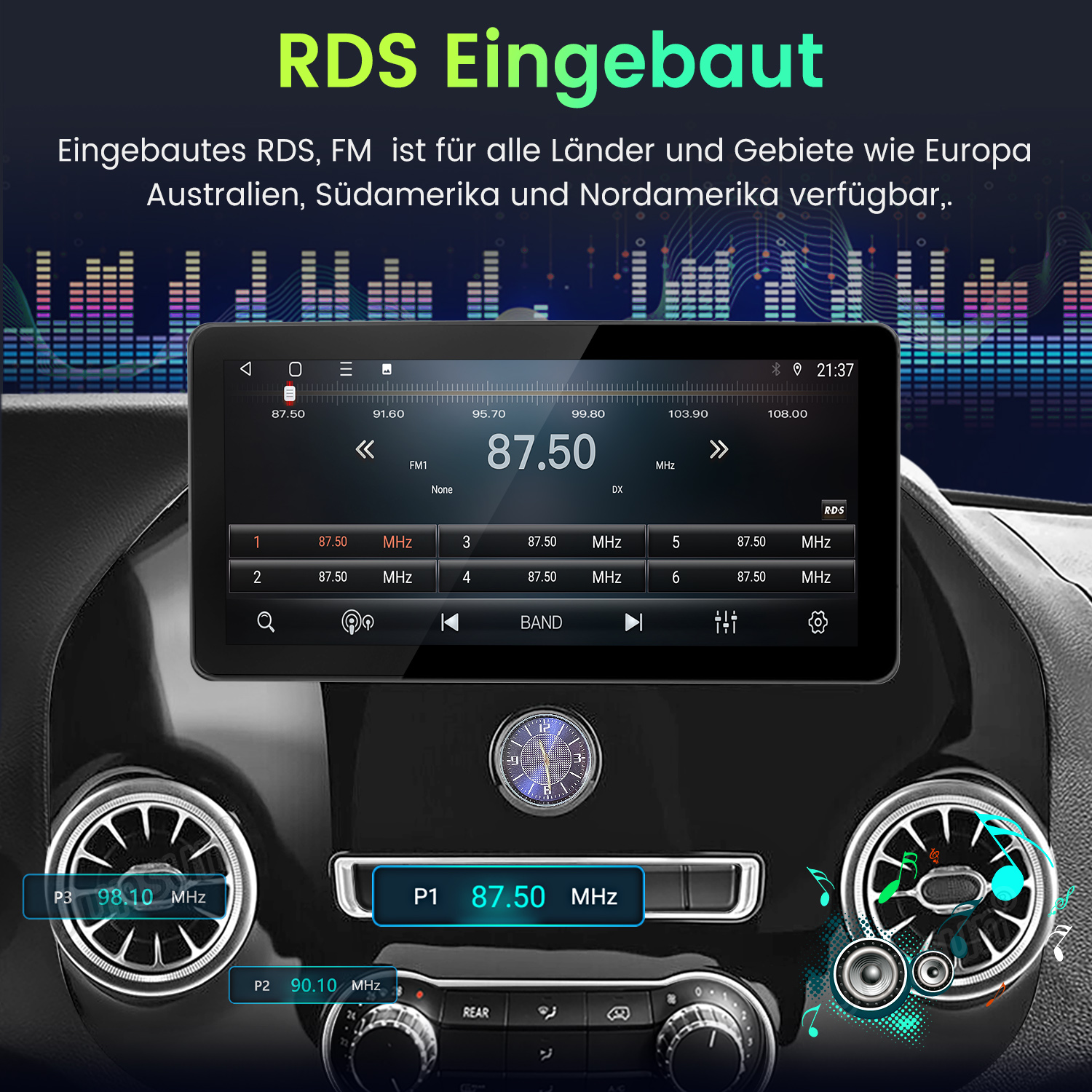 Autoradio-Bildschirm mit 87,50 MHz. Oben steht RDS Eingebaut. Es zeigt auch andere Funktionen und Knöpfe.