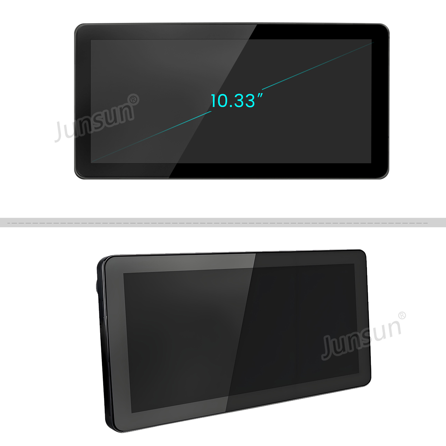 Zwei schwarze rechteckige Bildschirme. Der obere hat eine Diagonale von 10,33 Zoll, der untere ist angewinkelt. Junsun-Logo sichtbar.