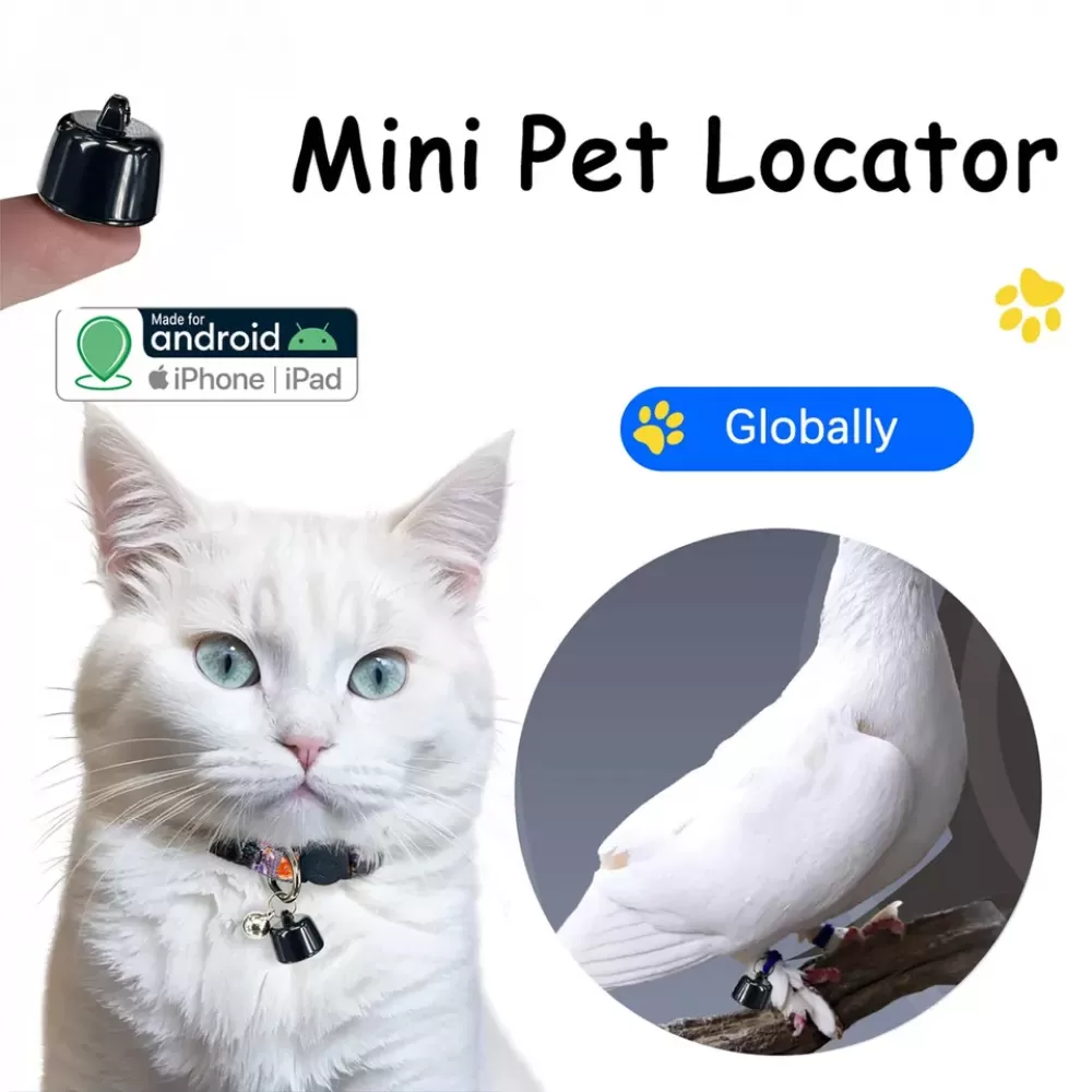 Das Bild zeigt eine weiße Katze mit Halsband, eine Taube und einen Mini-Ortungsgerät. Text lautet 'Mini Pet Locator' und 'Global'.