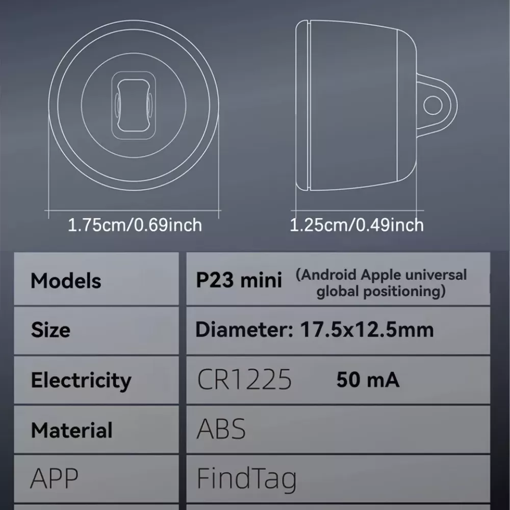 Diagramm eines Mini-P23-Geräts, das Draufsicht und Seitenansicht mit Abmessungen zeigt. Eine Tabelle listet Modell, Größe, Batterie, Material und App-Details auf.